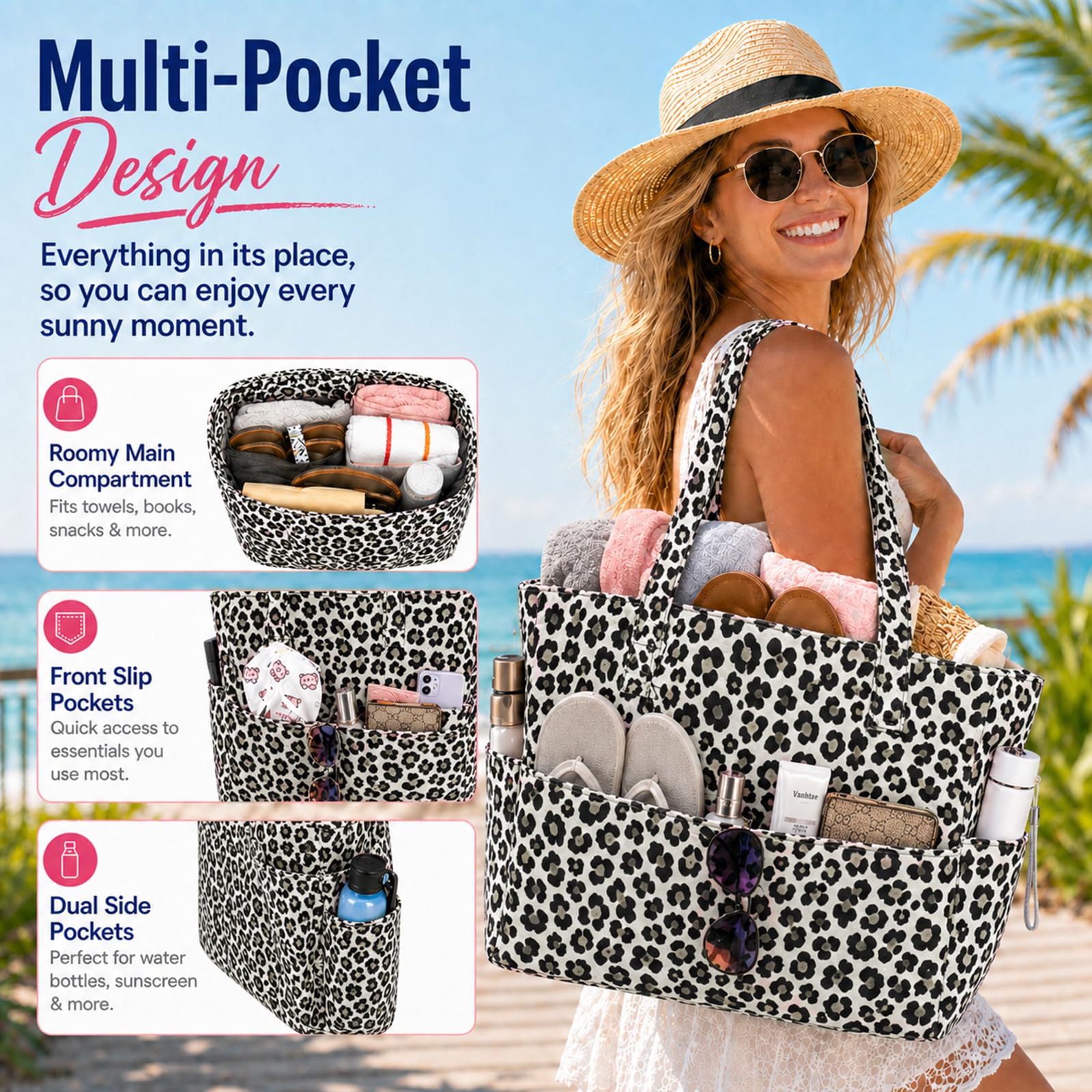 dellyy Borsa Mare Grande XXL, Borsa Spiaggia Donna Impermeabile e Antisabbia con Cerniera, Grande Capacità, Tasche Multiple, Tote Mare per Vacanze, Piscina e Tempo Libero
