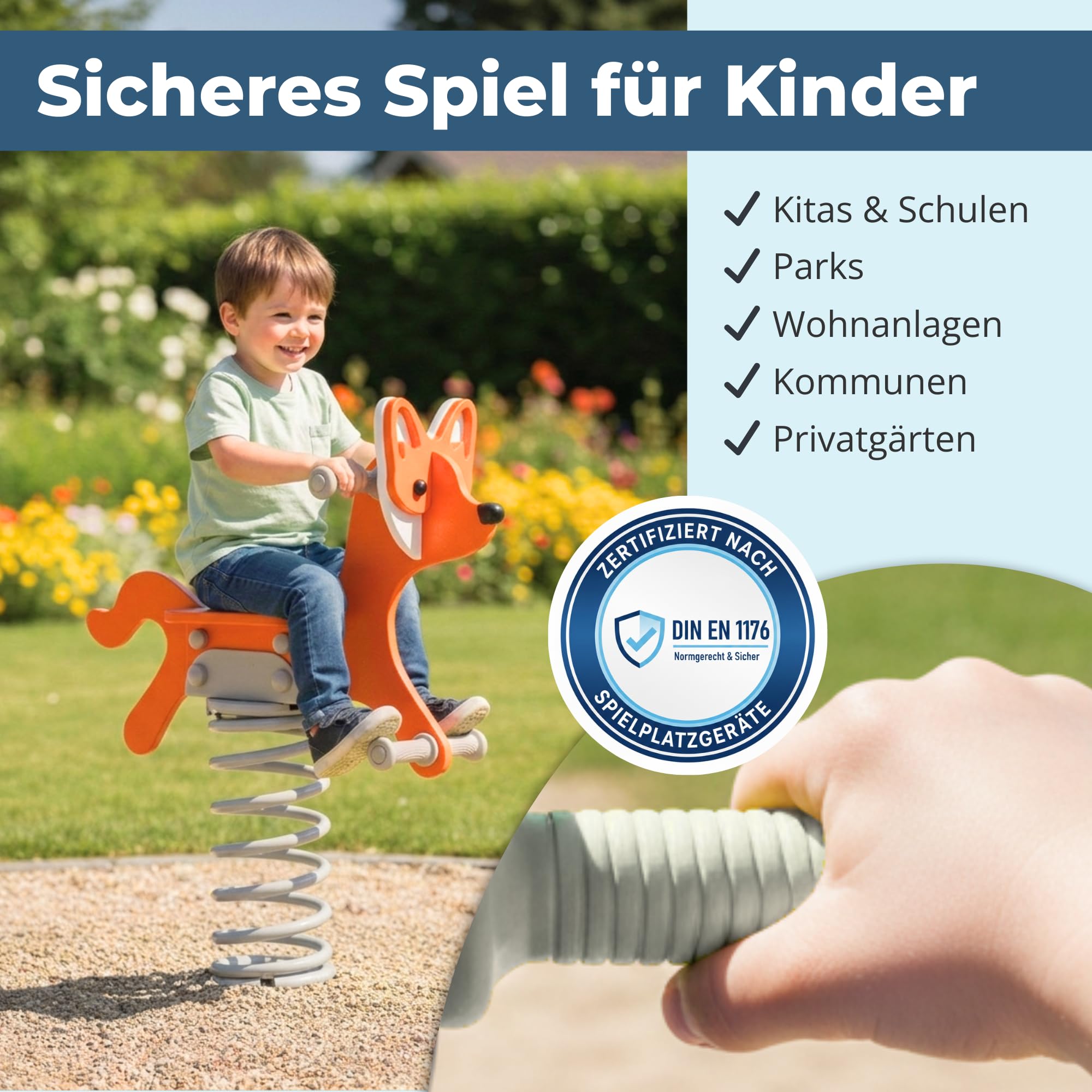 Federwippe Fuchs Schaukelwippe DIN EN 1176 geprüftes Wipptier | für öffentliche Spielplätze, Kindergarten und Kommunen aus HDPE Kunststoff Federtier inkl Bodenanker