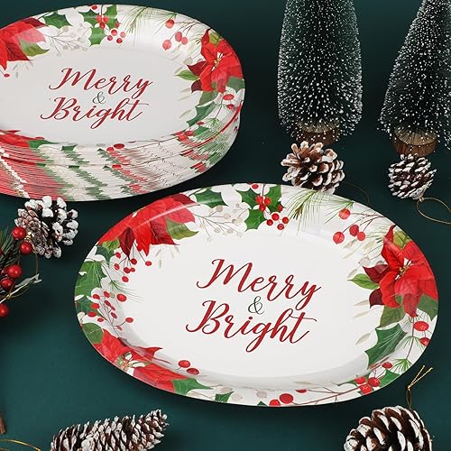Miniatura 3 de TWOWYHI 50 platos ovalados de Navidad de 10 x 12 pulgadas, platos desechables de papel de Navidad, platos de papel de Pascua feliz y brillante,