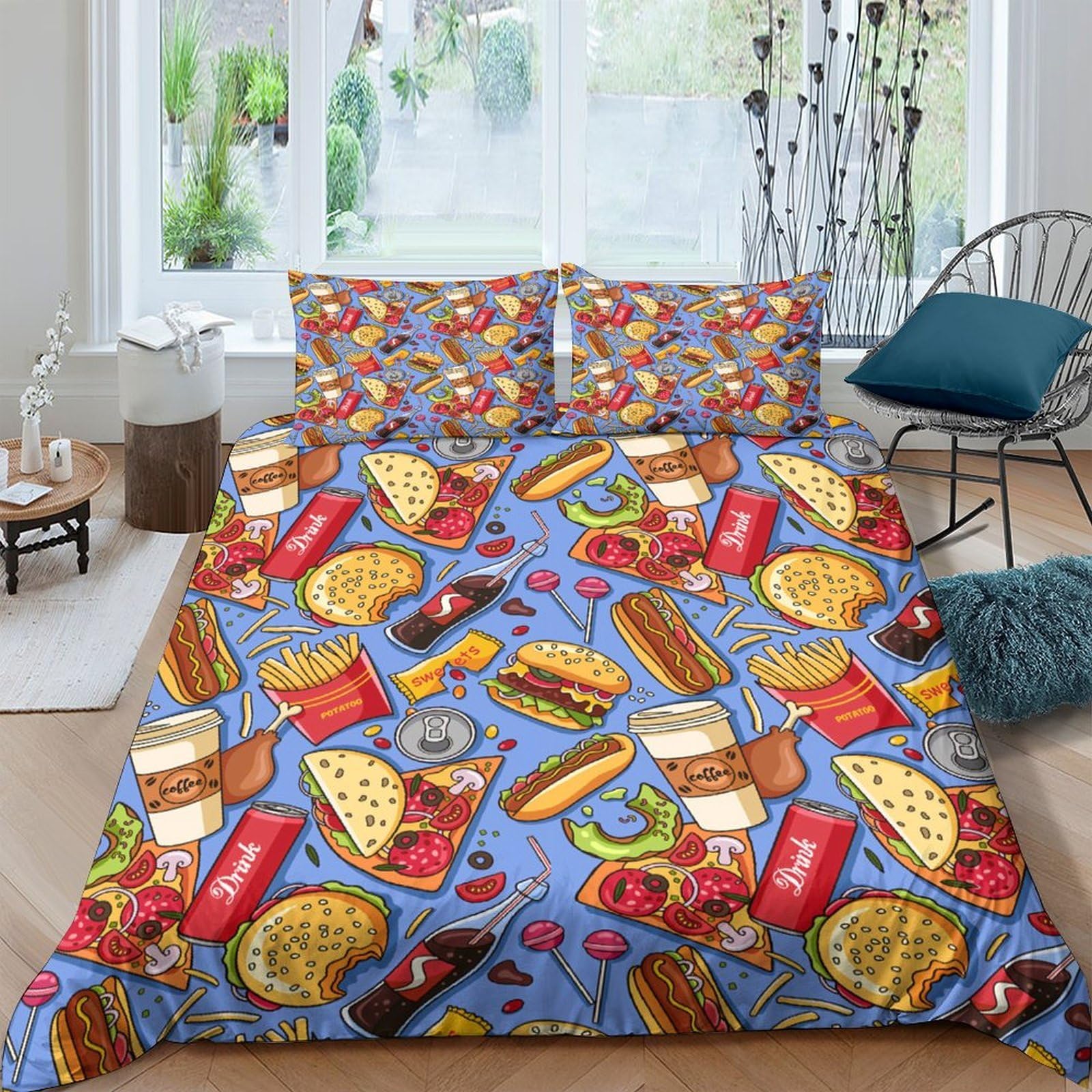 GPLZQXKJNH 3D Printed Fast Food Pattern Duvet Cover Microfiber Set with 2 Pillowcases for Bedroom Decor Dorm Rental Single（135x200cm）