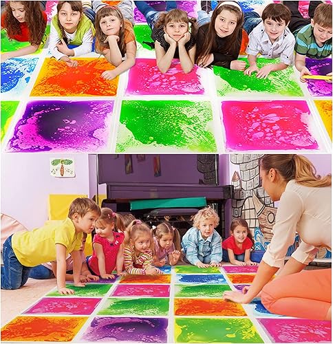 Miniatura 5 de Azulejos sensoriales para suelo, paquete de 4 (11.8 x 11.8 pulgadas cada uno), tapete de juego de azulejos líquidos coloridos para niños