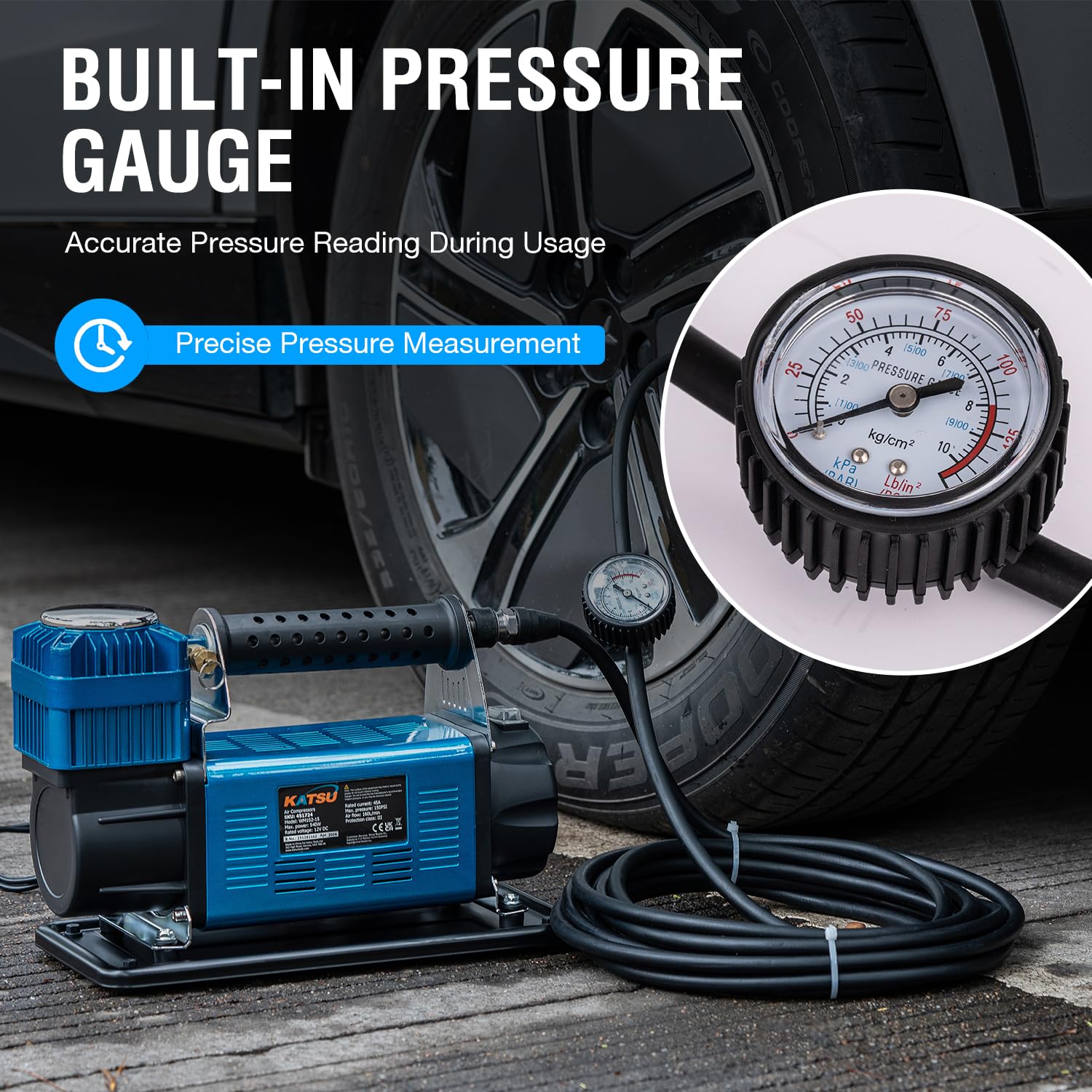 KATSU Tools Profesjonalna sprężarka powietrza do samochodu, 150 psi, 12 V, 45 A, duża pojemność, przenośna sprężarka powietrza, pompka do opon 4WD do samochodów osobowych i ciężarowych, rowerów 4WD