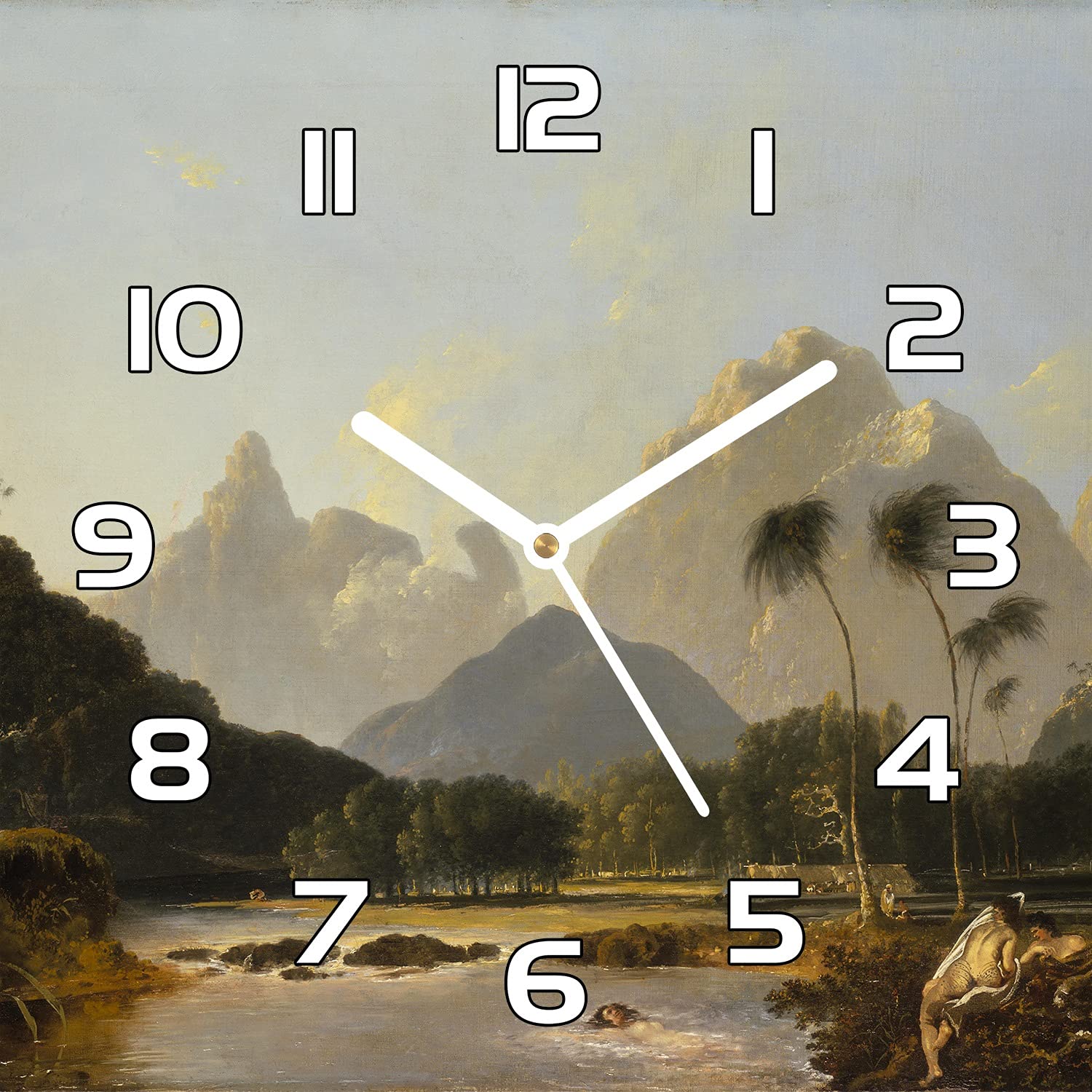 Horloge en verre 30x30 cm Coloray avec aiguilles blanches et motif montagnes pour salon