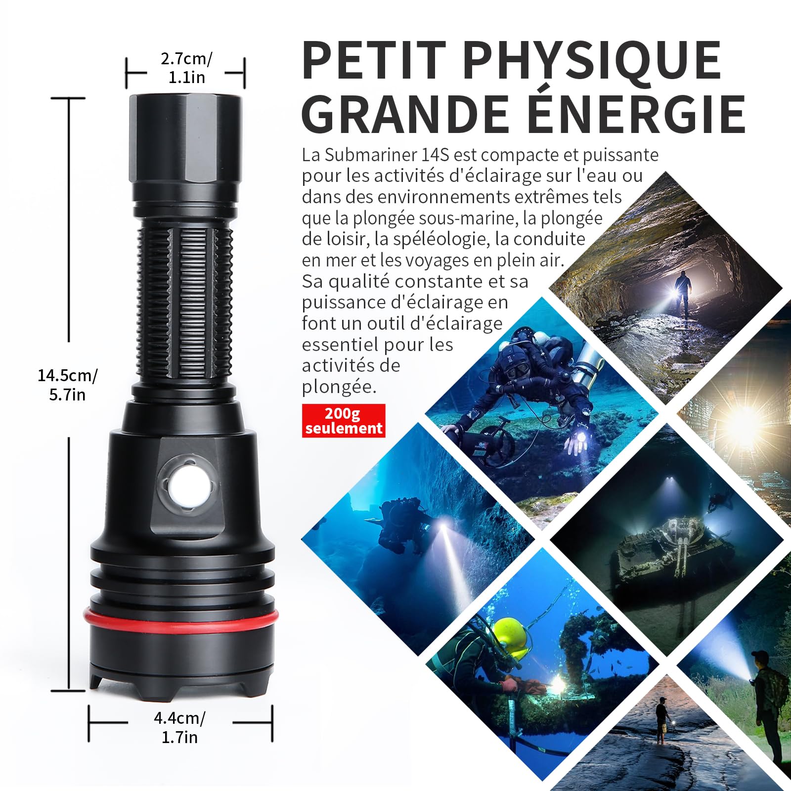 14S Lampe de Plongée 2000 Lumens - 6 Modes, Super Lumineuse, Rechargeable USB-C, Étanche IP68 (100m) pour Plongée Sous-Marine, de Nuit et Snorkeling