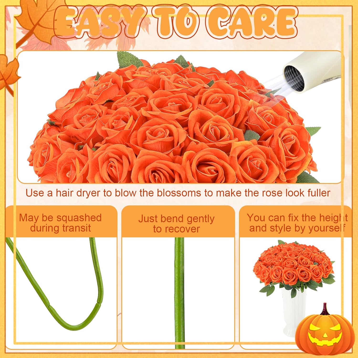 36 Pcs Velvet Burnt Orange Artificial Flowers Bouquet, Fake Rose Long Stem Realistic Fall Bridal Shower Decorations Bulk for Halloween Thanksgiving DIY Wedding Ball Arrangement - Image 6