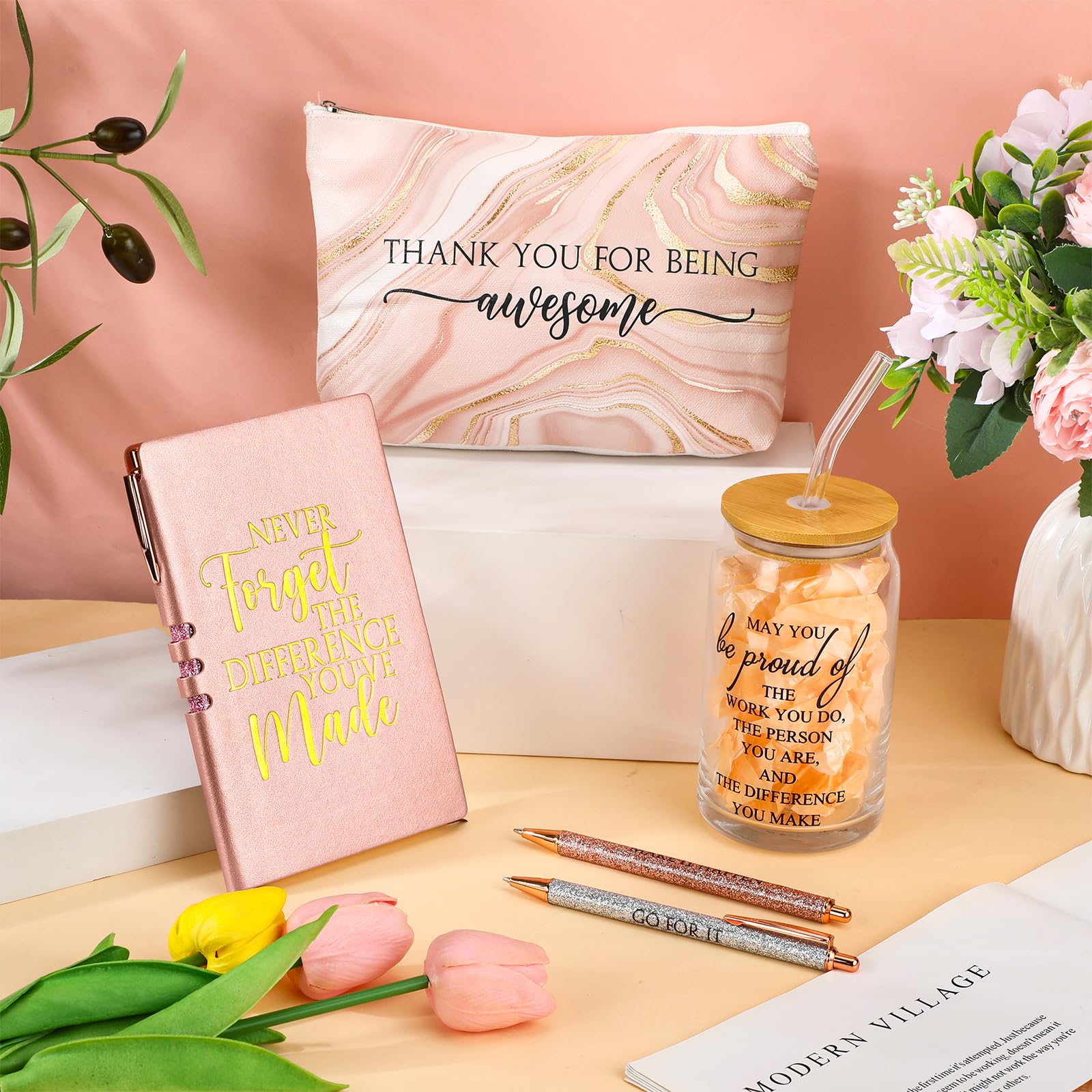 Funnymoom 6 Pcs CNA Week Gifts Bulk 2026 Nursing Assistant Appreciation Gifts for Women Difference Maker 17oz Glass Cup Makeup Bag Journal for Employee Coworker Graduation Favors(Marble,Pink)