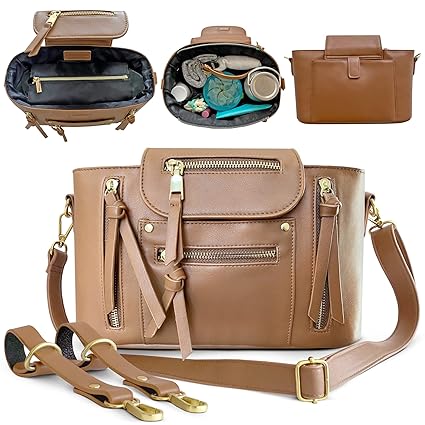 Vegan Leather Stroller Caddy - Universal Stylish Stroller Organizer Bag w Insulated Bottle Holders, Adjustable Crossbody Shoulder Strap to Convert to Handbag, Thoughtfully Designed Anti-Slip Stroller Straps by Mamantra (Latte w/ Matte Gold Hardware)