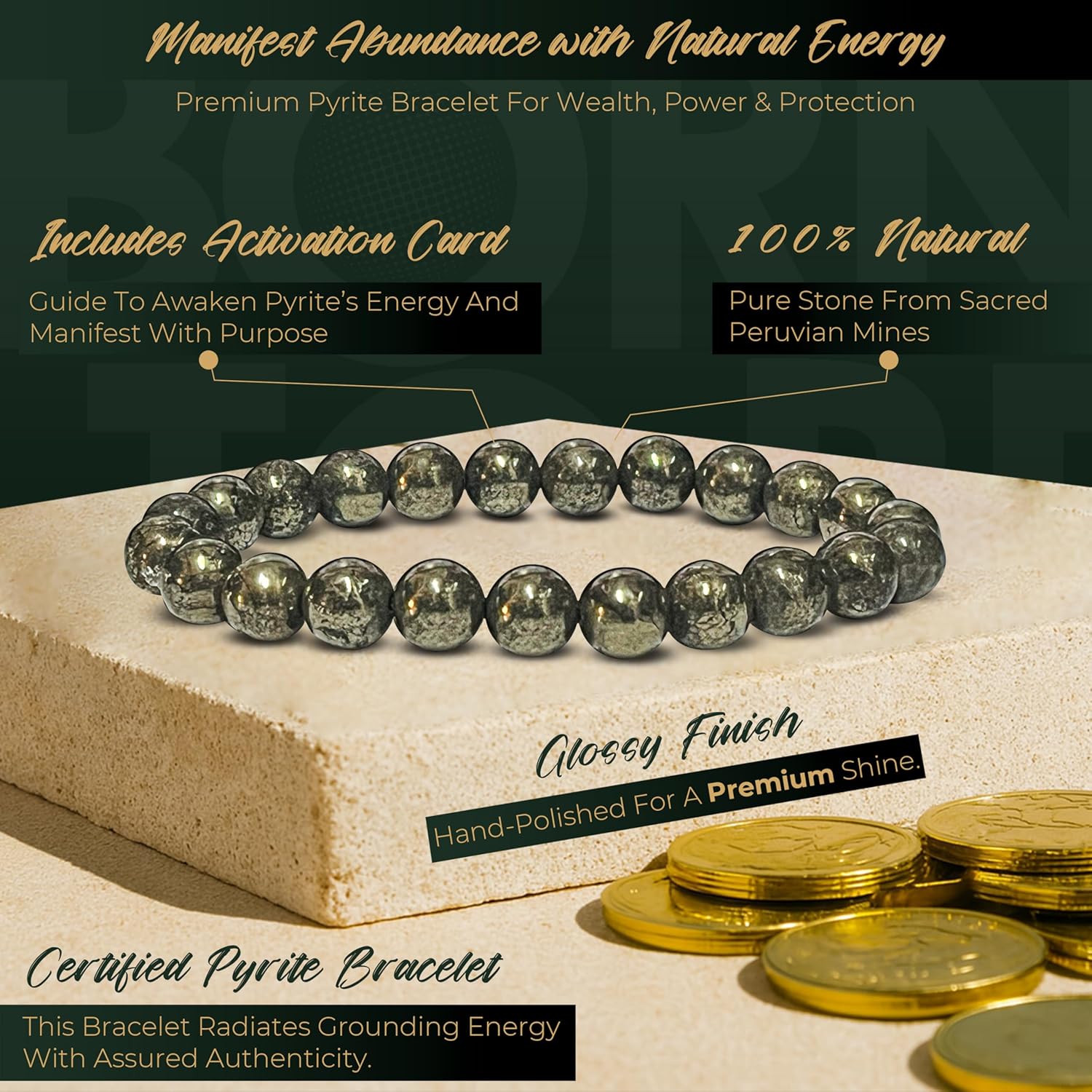 PYRA Certified Original Raw Pyrite Bracelet – Natural Pyrite Stone Energy Bracelet for Men & Women | Money Attraction Stone for Wealth & Success | with Activation Card & Authenticity Certificate