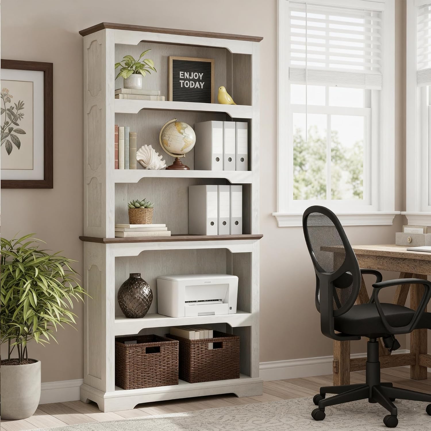 70 Inches Farmhouse Bookcase Bookshelf, Two-Tone Shelves, 5 Tier Bookshelf with Arched Trim, Home Office Living Room Storage Cabinet Unit, 31.5x11.8 Inches (Distressed White & Walnut, Open Shelf)