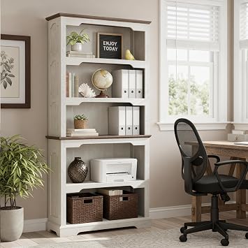 70 Inches Farmhouse Bookcase Bookshelf, Two-Tone Shelves, 5 Tier Bookshelf with Arched Trim, Home Office Living Room Storage Cabinet Unit, 31.5x11.8 Inches Distressed White & Walnut, Open Shelf