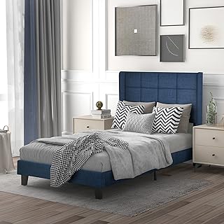 Tidyard Nowoczesne wzornictwo łóżko tapicerowane z tapicerowanym zagłówkiem, pojedyncze łóżko ze stelażem, 90 x 200 cm, w kolorze niebieskim i lnu, średniej twardości (bez materaca)