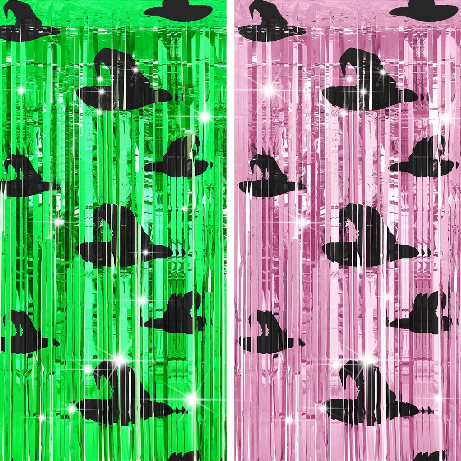 Halloscume 2 Pack Witch Theme Party Decorations Pink and Green 3.2 x 6.6 ft Foil Fringe Curtains Witch Hat Streamers Backdrop for Movie Theme Birthday