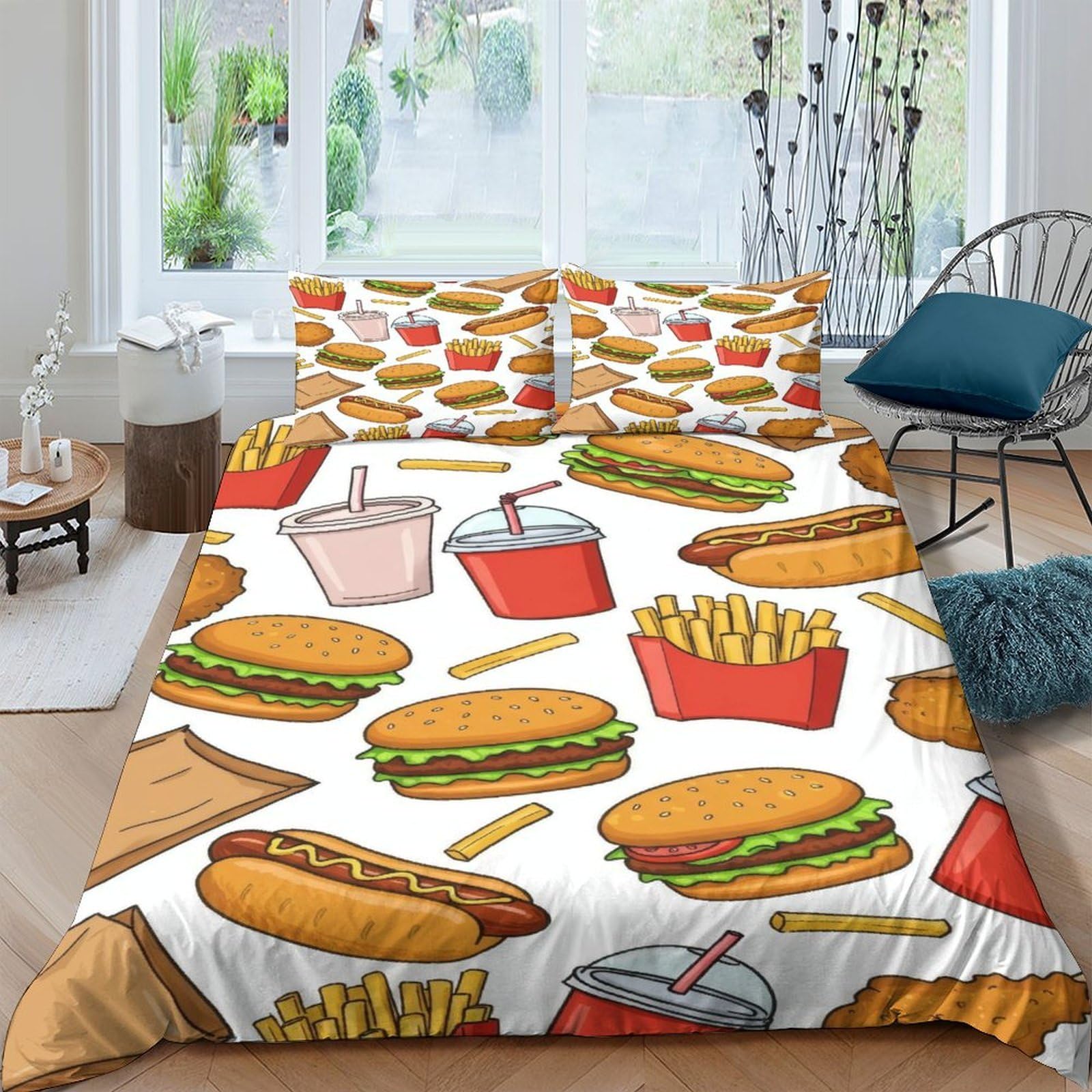 Ctjqhvkz Style-3 3D Printed Burger Fries Fitted Sheet Microfiber Soft Breathable Soda Cup Bed Cover For Bedroom Dorm Mattress Protection Decor Single（135X200cm）