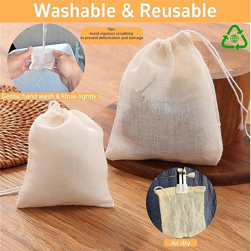 Miniatura 4 de Natural sin blanquear Paquete de 50 bolsas de muselina de algodón con cordón, bolsas de té reutilizables, bolsas de especiasbolsas de filtro para té