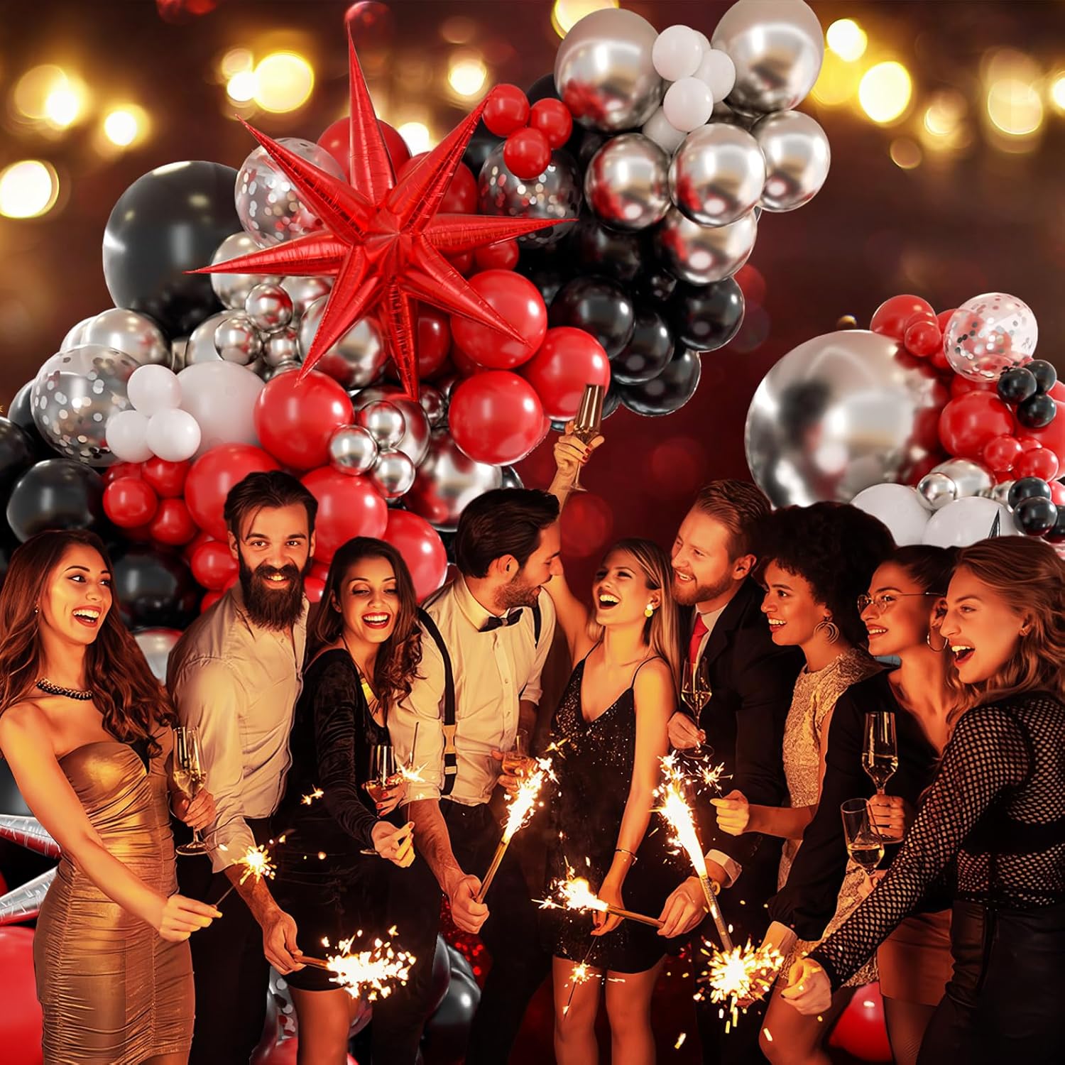 Red White and Black Balloon Garland Arch Kit, Red and Black Party Decorations with white Silver Balloons Confetti Latex Balloons for Graduation Decorations Prom Anniversary Birthday Party Decoration