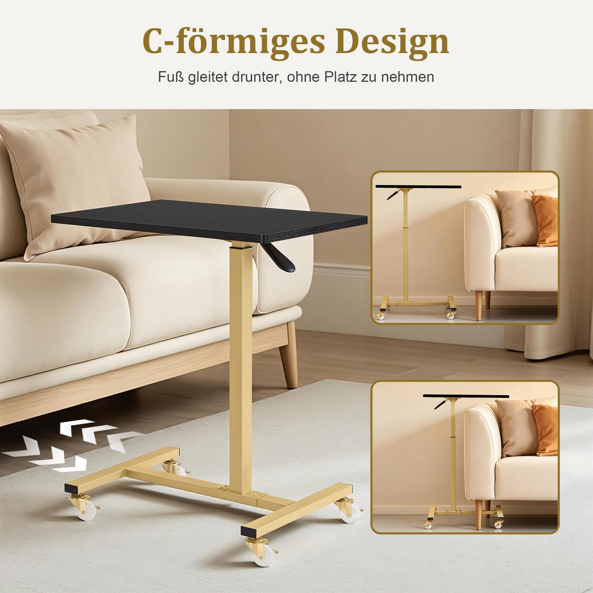 BarberPub Mesita Auxiliar con Ruedas, Mesa de cuidados Regulable en Altura, Carrito con Bandeja para salón de Belleza Dorado, mesita de Cama en Forma de C, 40 x 60 x 72/97 cm, 2832 (Negro y Dorado)