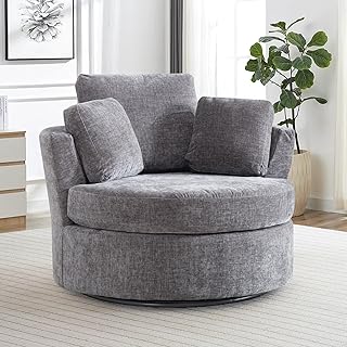 42" W Modern Grey Swivel Barrel Chair with 360° Round Metal Base & Soft Chenille Pillows & Thick Cushion, Comfy Oversized Chaise Longue Indoor Living Room, Bedroom Club Reading Armchair (Gray)