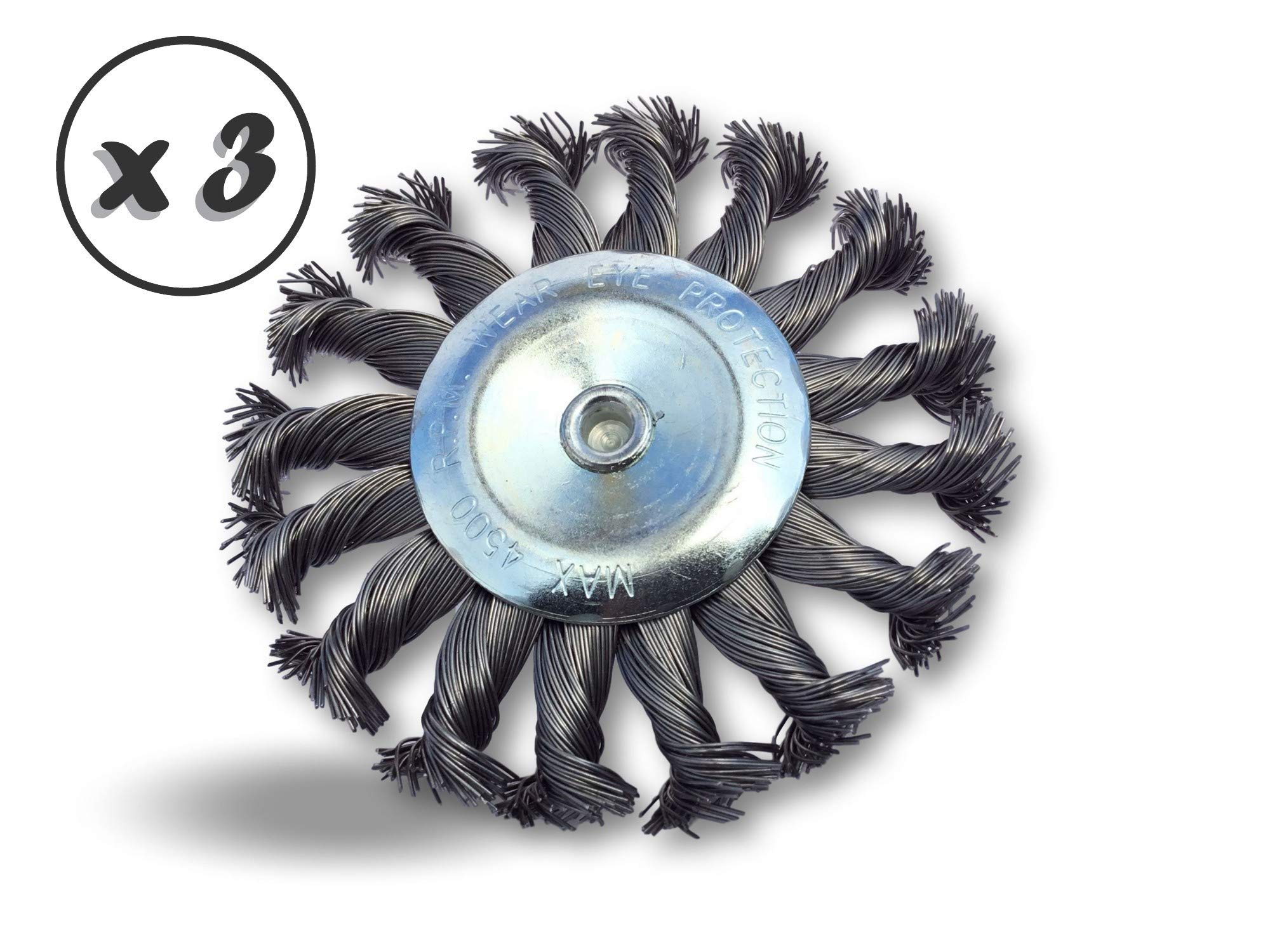 Lot de 3 brosses circulaires métallique plates à mèches torsadées pour perceuse | Ø 100 mm | Fil acier torsadé 0.40 mm (dur) | Sur tige Ø 6 mm | Ponçage décapage rouille peinture | Kibros 26100TO8x3