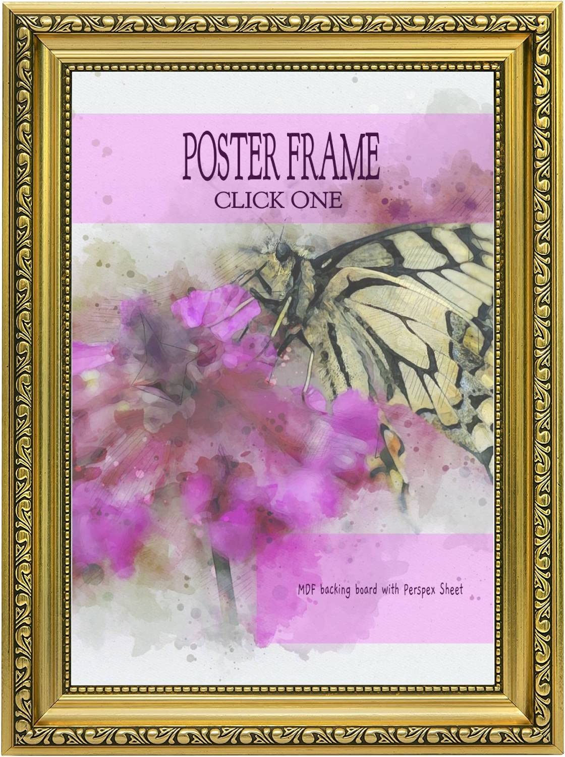 Click One Vintage Gold Frame 20 x 30 Inches Shabby Chic Picture/Photo/Poster Frame High Clarity Styrene Shatterproof Perspex Sheet Ready to hang
