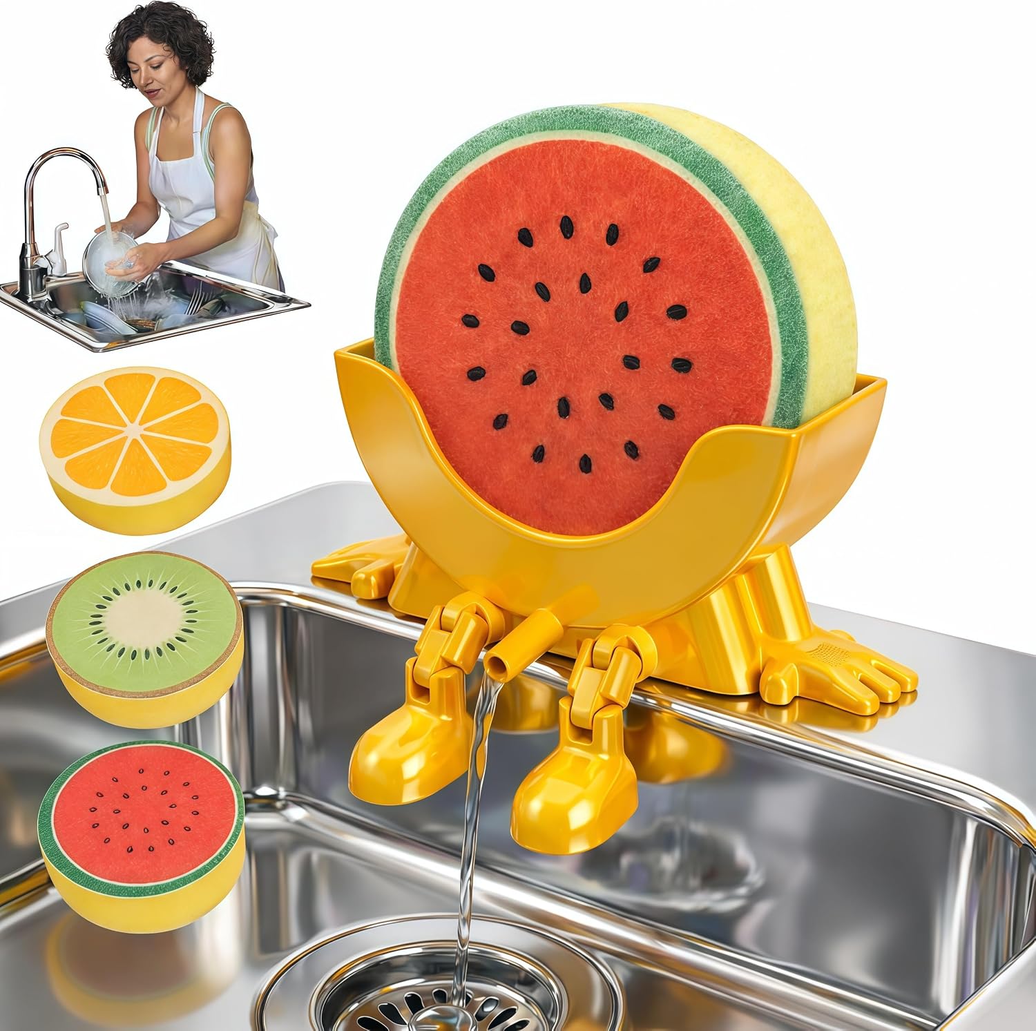 Funny Draining Sponge Holder with 3 Cute Fruit Sponges(Watermelon, Orange, Kiwi), 3D Printed Sink Caddy Rack with Drainage, Scrub Sponge Stand & Kitchen Countertop Organizer, Gag Gift for Home(Yellow)
