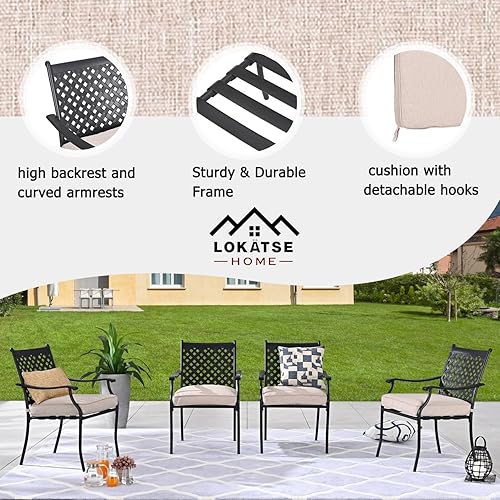 Miniatura 3 de Lokatse Home. Juego de 4 sillas para comedor de hierro forjado para exteriores, con brazos y cojines de asiento.