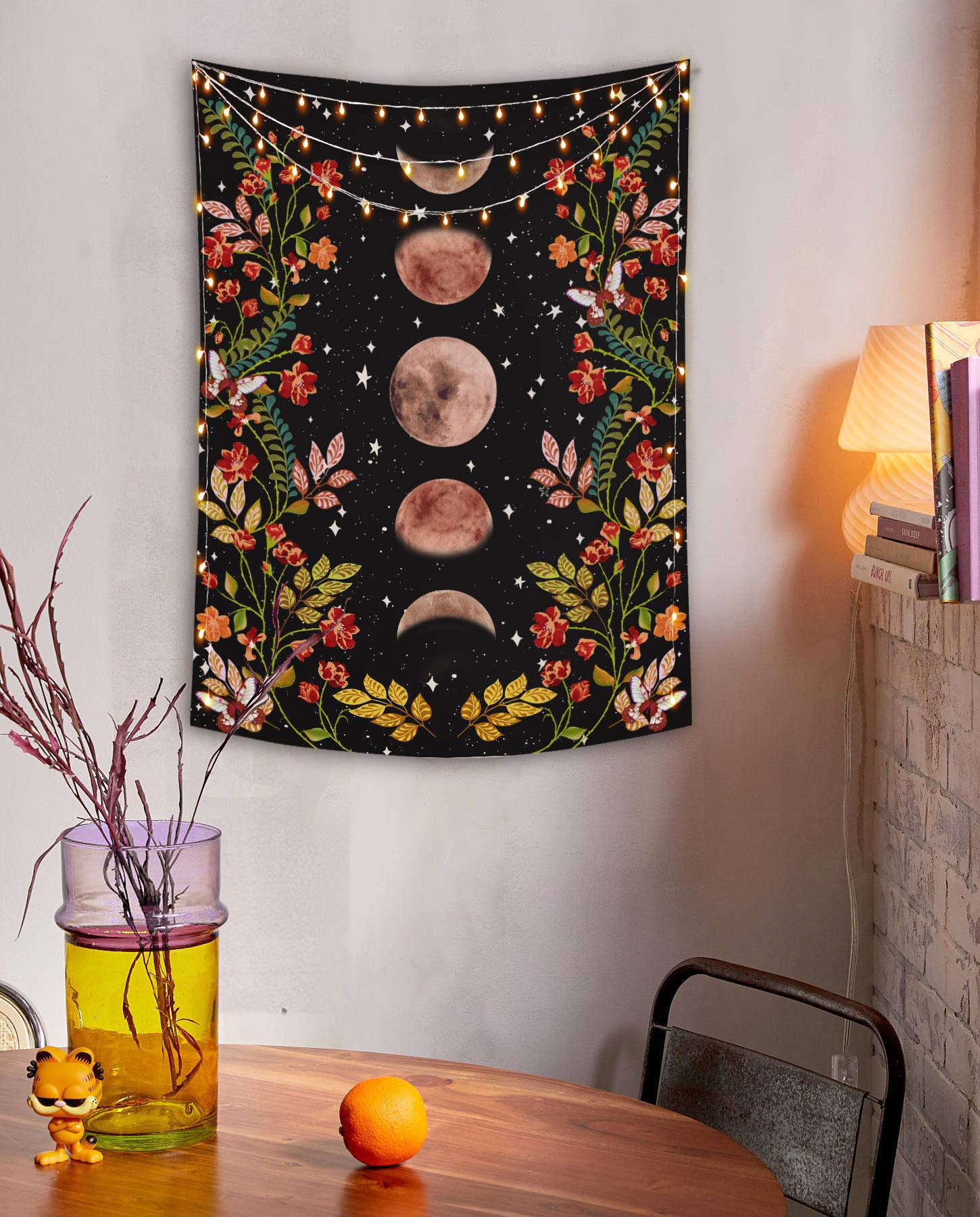 Tapisserie Murale Lune Et Fleurs 150x200 Cm - Décoration Chambre Noire, Motif Phases De Lune, Vigne Fleurie