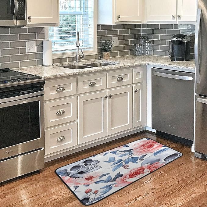 Christmas Kitchen Rugs Skeleton Skull Sugar Pink Rose Non Slip Soft Kitchen Mats Floor Anti Fatigue Bath Rug Runner Doormats Carpet for Xmas Home Decor 39