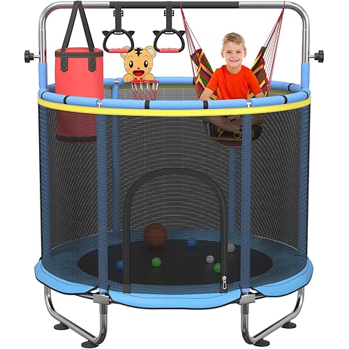 60" Trampoline for Kids with Net, 500lbs Capacity Toddler Trampoline Indoor & Outdoor with Adjustable Gymnastics Bar&Toys, Mini Trampolines for Kids, Gifts for Boys&Girls