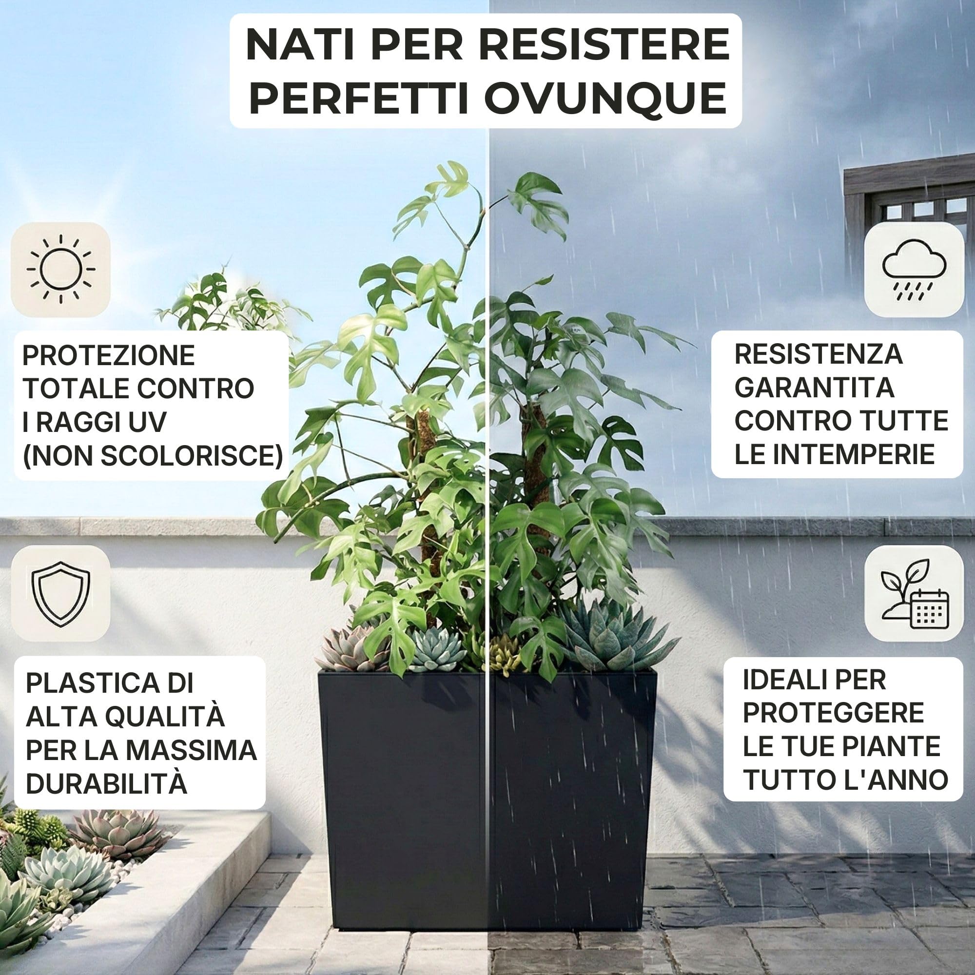IMJ-Global - 3 Vasi per Piante da Esterno Interno Moderni, Fioriera da Esterno Rettangolare 58x18x49,8cm (44 Litri) con Inserto da 12 Litri, Vaso in Plastica Resistente Alle Intemperie (Nero)
