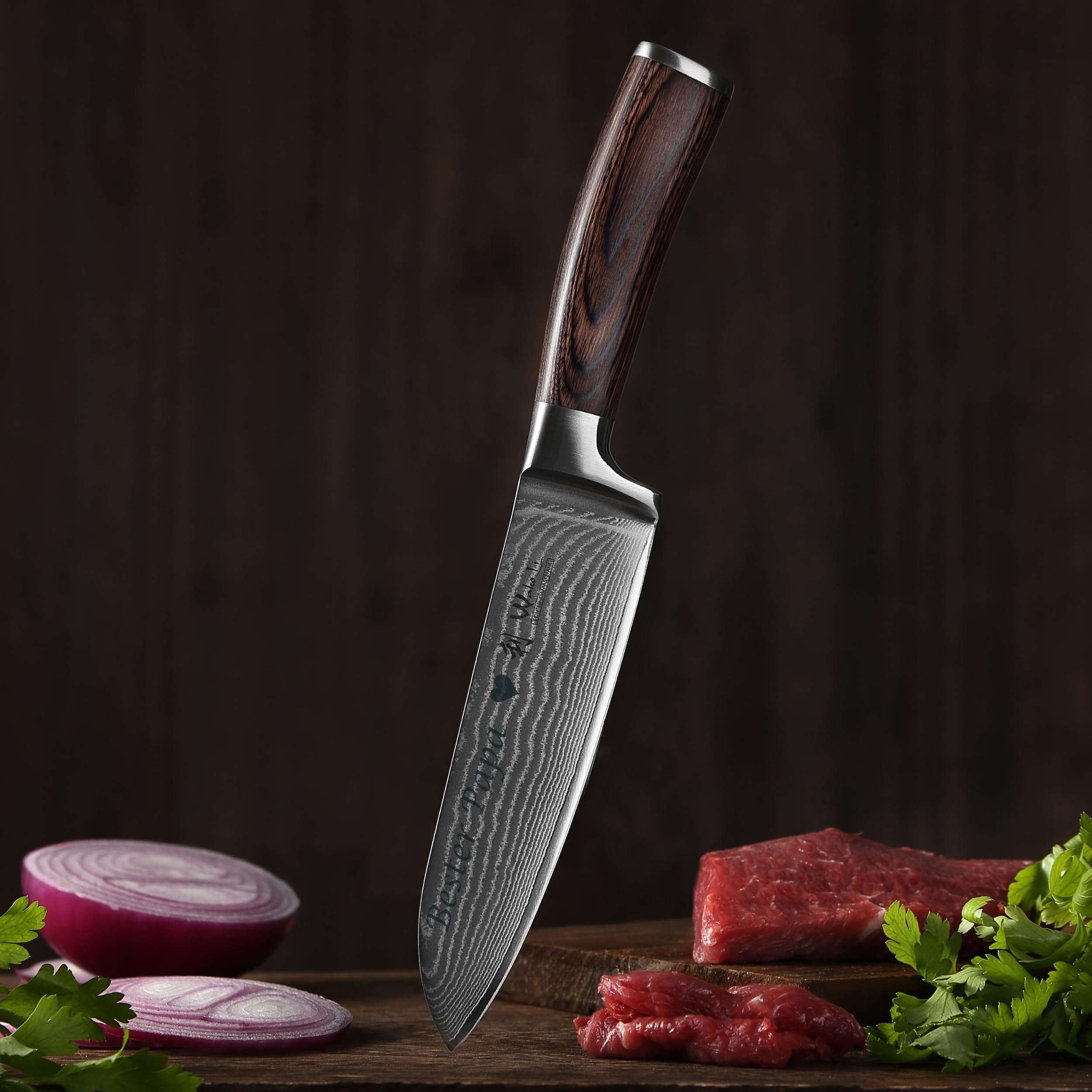 Wakoli EDIB Damastmesser Santoku mit Gravur – Personalisiertes Messer, 17 cm Klinge aus 67 Lagen Damaststahl (VG10-Kern), Pakkaholzgriff – Scharfes Küchenmesser Geschenk, Geschenkverpackung