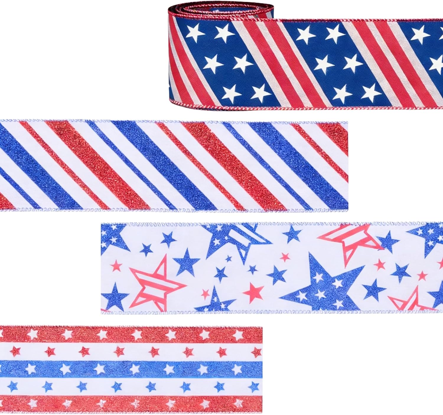 Meseey 4 Rolls Patriotic Wired Ribbon, 2.5 Inch x 5 Yards Each, Red White Blue Stars and Stripes Wired Ribbon for 4th of July Wreaths, Bows, Crafts, and Independence Day Decorations
