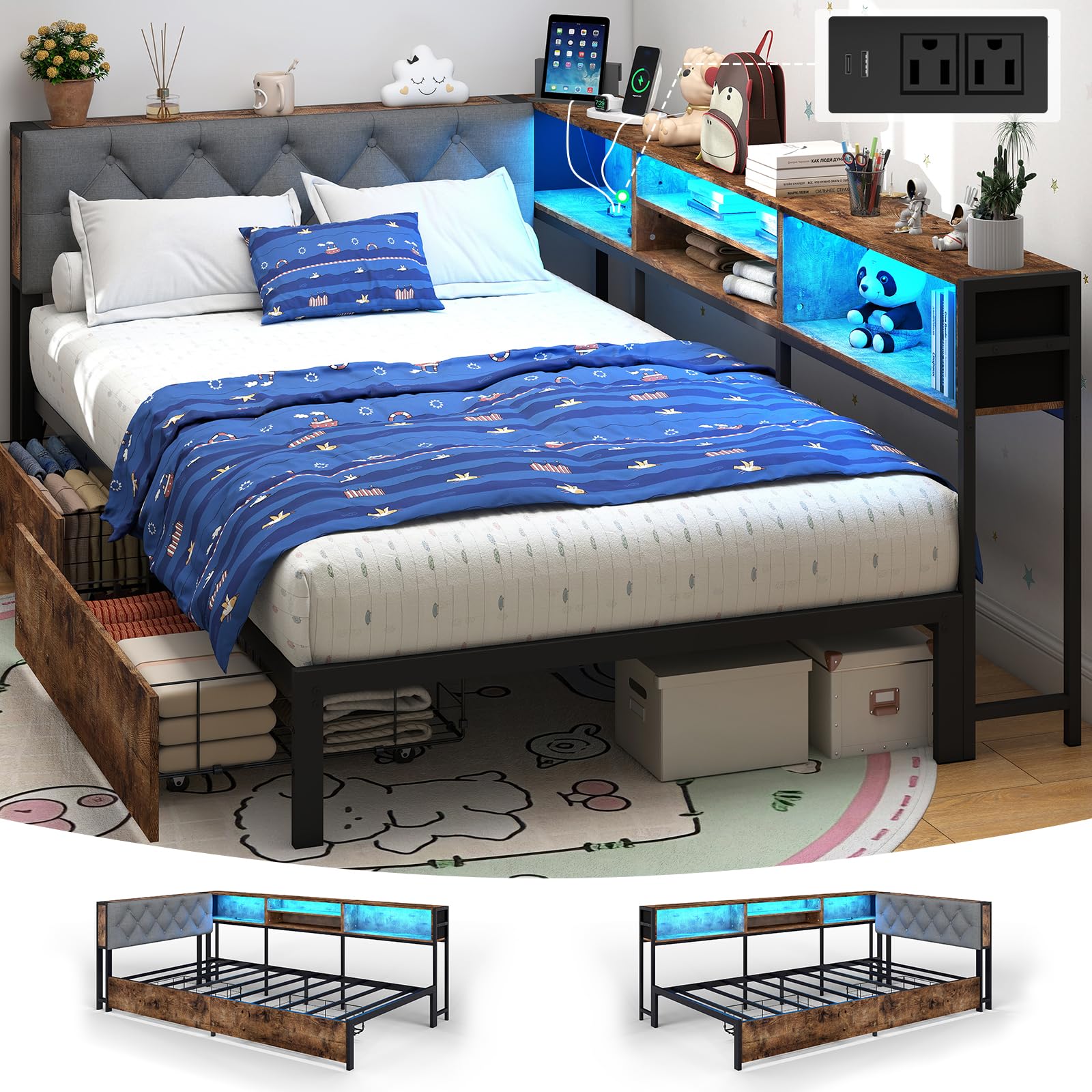 Doltoro Corner Bed Frame with Storage Bookcase and LED Lights Twin Platform Bed Frame with Upholstered Headboard and Charging Station, Twin Daybed with 2 Storage Drawers, Rustic Brown & Gray