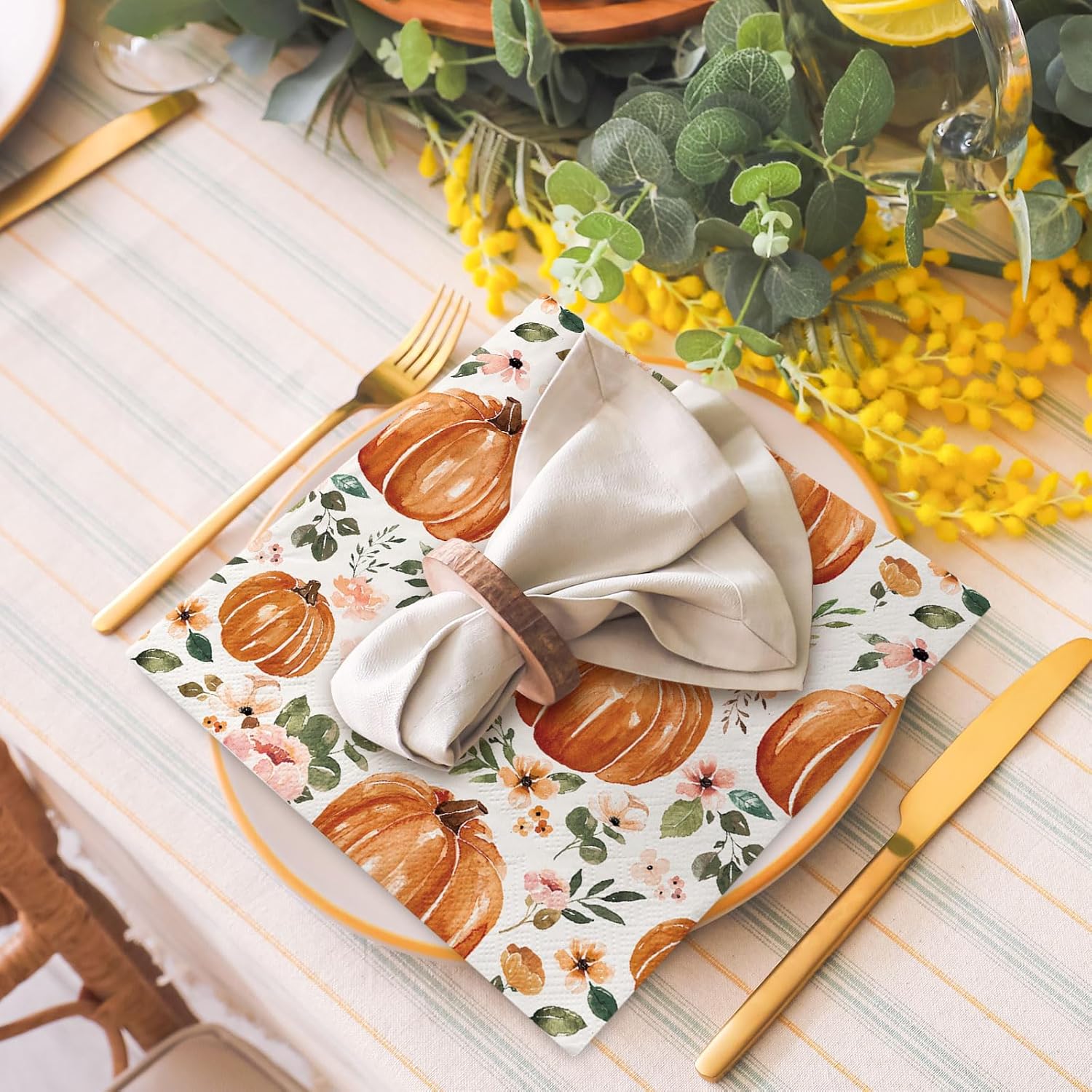 AnyDesign 80Pcs Fall Paper Napkins Boho Floral Pumpkin Disposable Luncheon Napkins Watercolor Dessert Dinner Hand Napkin for Autumn Harvest Thanksgiving Tea Party Supplies Table Decor
