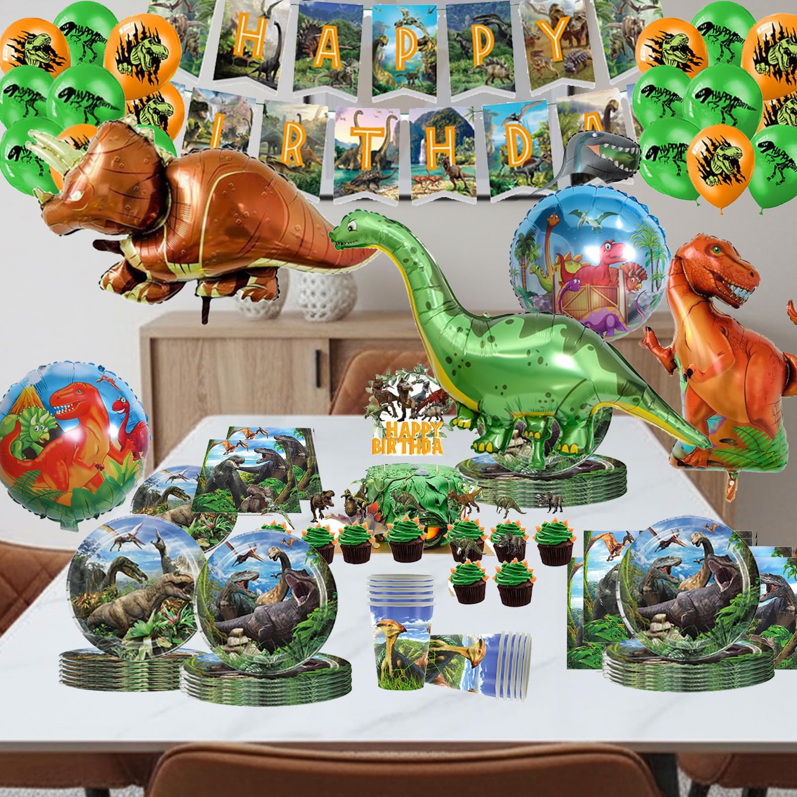 Dinosauro Stoviglie Compleanno,86Pcs Addobbi Compleanno Dino,Kit Feste Dino,Banner,Piatto,Tovaglia,Decorazioni Compleanni