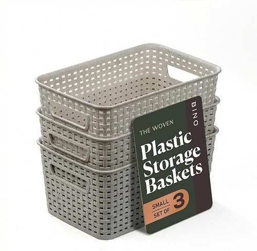 BINO | Plastic Storage Baskets, 5.5 Liter - 3 Pack, Natural Grey | THE WOVEN COLLECTION | Storage Basket for Shelves | Woven Storage Baskets for Organizing Bins Pantry Shelf Organizer | Container Bin