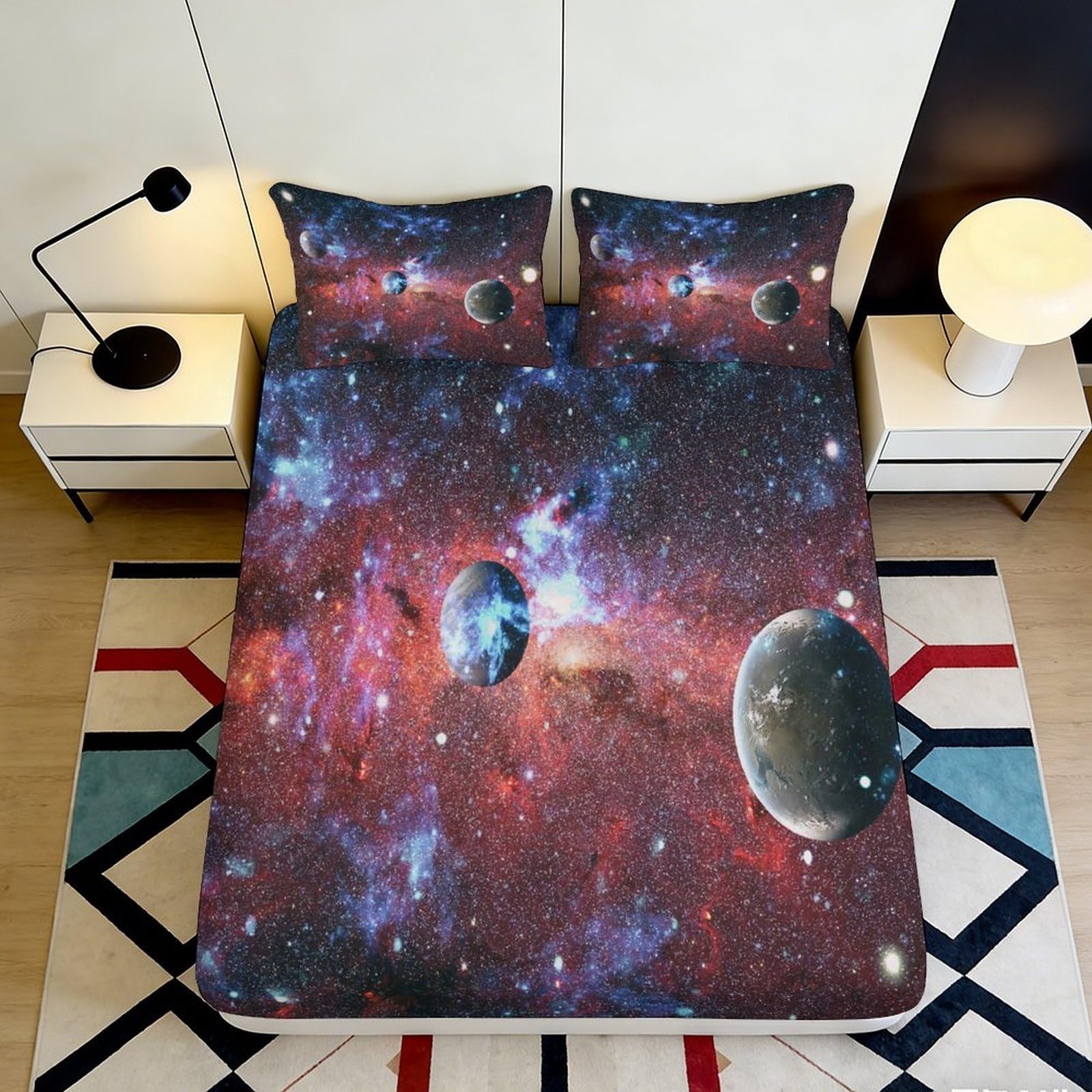 3D Printed Galaxy Microfiber Fitted Sheet Deep Pocket Bedding Set Nebula Mattress Fitted Cover Non-Slip Elastic Hem Washable for Adults Teens 200x200x25cm