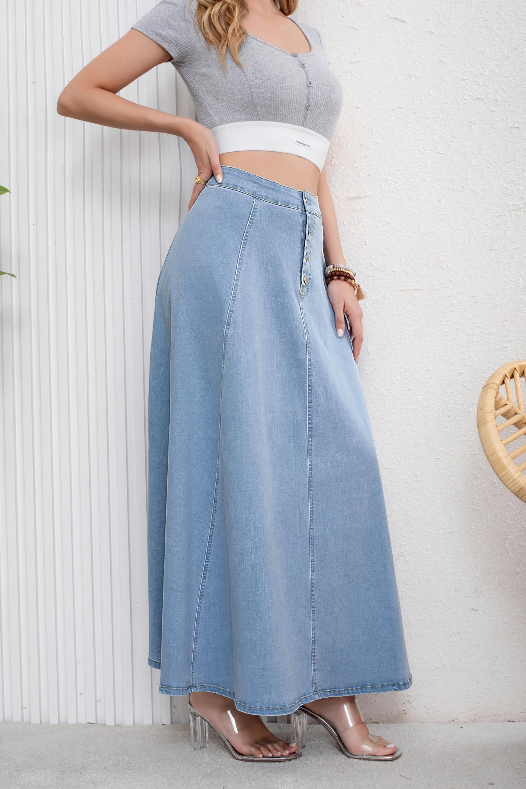 ebossy Damen Retro-Jeansrock mit hoher Taille, Knopfleiste, fließendes Plissee, Swing A-Linie Denim Maxi-Röcke