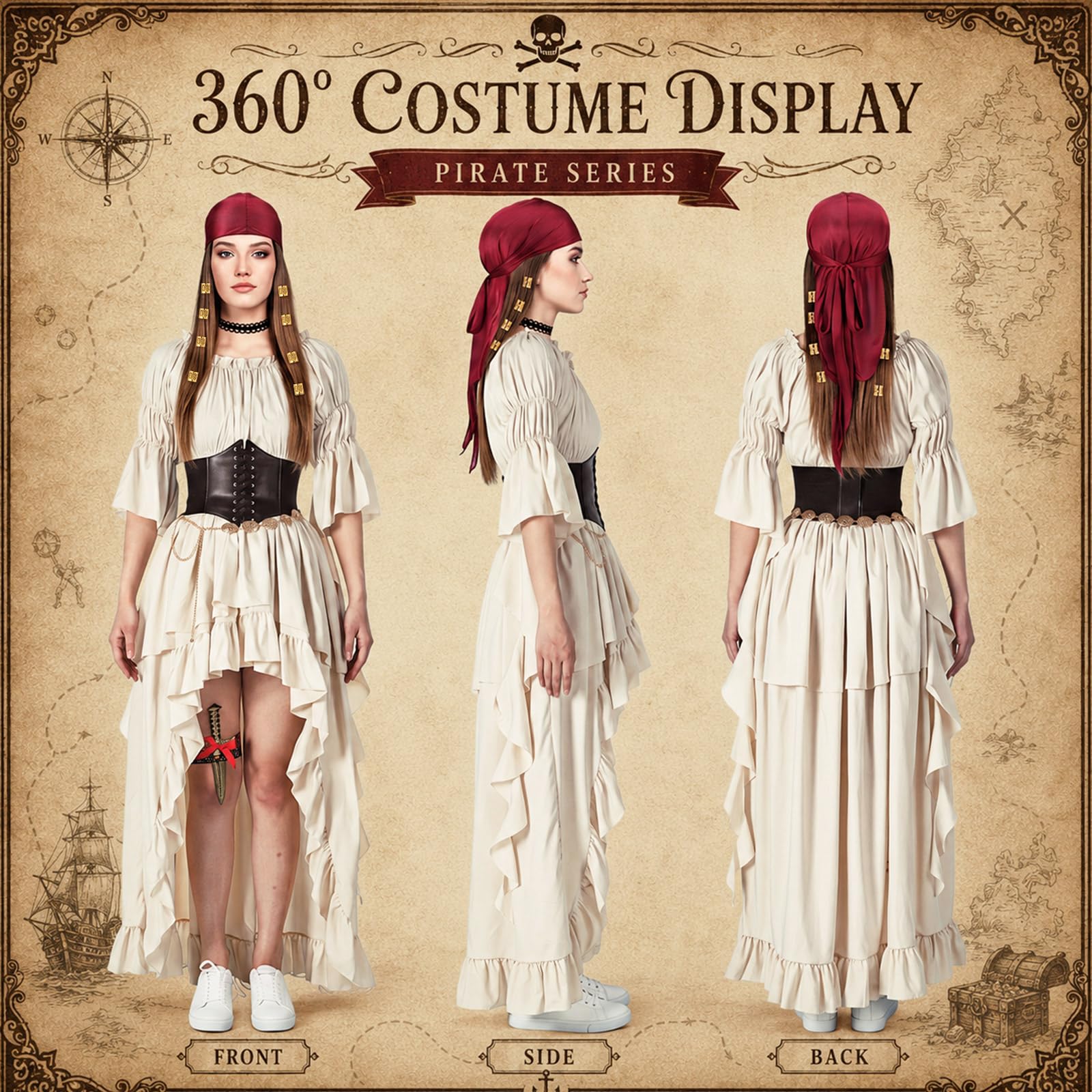Twistover Halloween-Kostüm für Damen, Piratenkostüm, Zubehör, Kleid, Korsett, Kopftuch, Gürtel, Choker, Spitze, Strumpfband für Piratenkapitän, Verkleiden