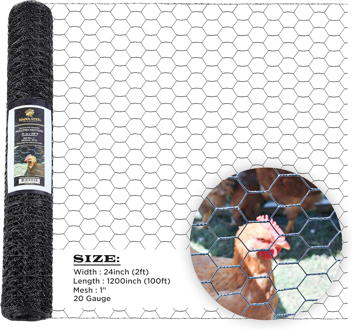 36” x 50 FT PVC Hexagonal Poultry Netting Chicken Wire | 1" Mesh | 20 Gauge | Black PVC Vinyl Coated | Rust Proof | for Garden, Fence, Chicken, Rabbit, Pet Enclosures