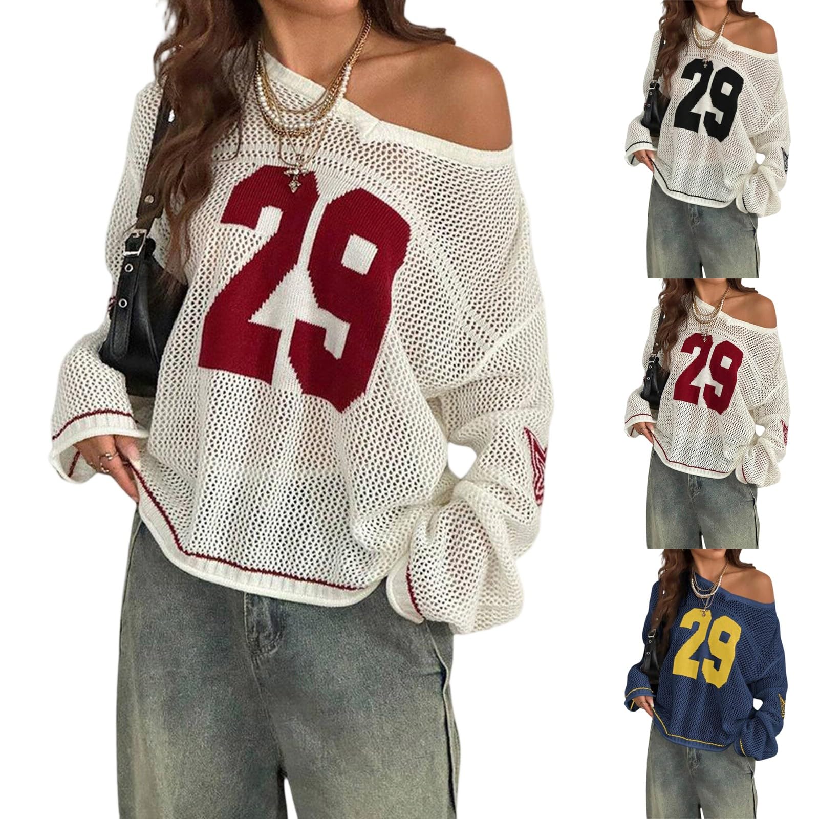 Generisch T-shirt d'été surdimensionné pour femme - En jersey - Épaules dénudées - Pour femme - Numéro graphique - Y2k - E-Girl - Sortir en jersey