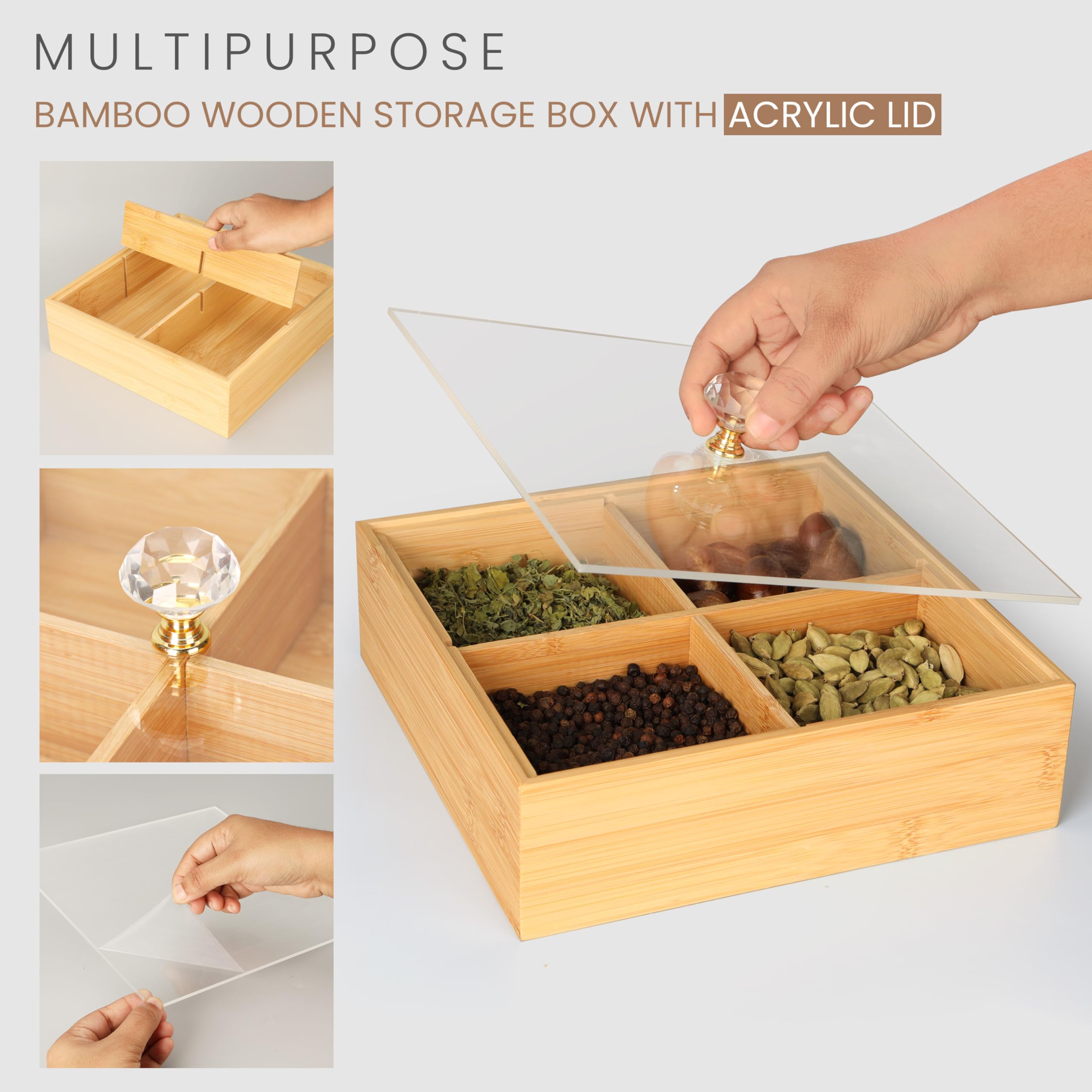 BELLE VOUS Carrée Bois Plateau de Service Avec Couvercle - Déco Boite Rangement avec 4 Compartiments & Couvercle - 22 x 22 cm - Polyvalente pour Sachets de Thé, Souvenirs, Bijoux & Loisirs Créatifs
