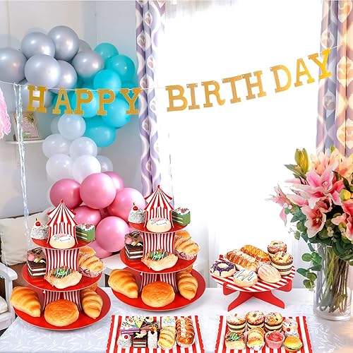 Miniatura 7 de Juego de 7 soportes para tartas de carnaval de 3 niveles de circo y carnaval, soporte para cupcakes de 1 nivel, bandeja rectangular para servir,