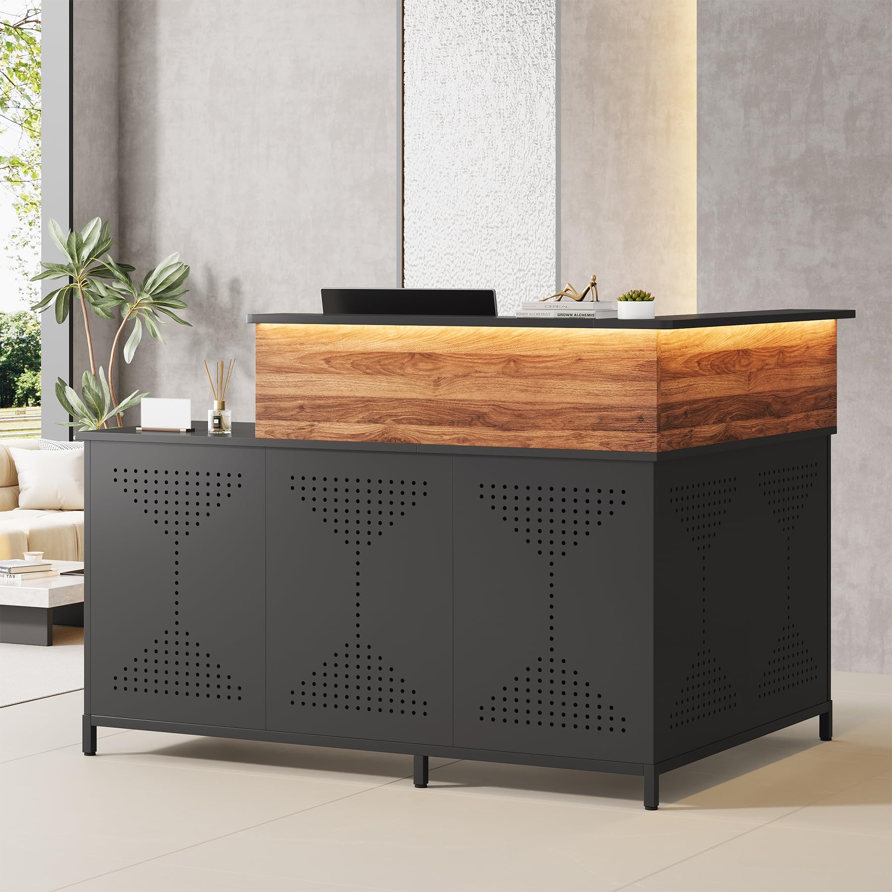 L-Shaped Reception Desk with LED Lights, 60 inch Modern Front Desk, Checkout Counter Table for Office, Lobby, Cafe, Beauty Salon, Black and Walnut