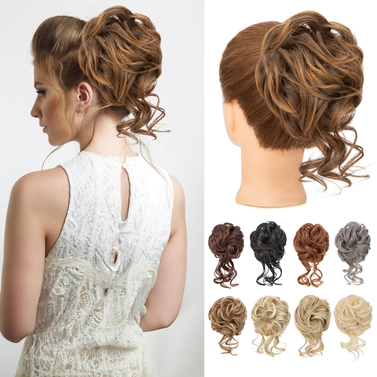 Benehair Messy Bun Hair Piece Wavy Curly Claw Clip Hair Bun Extensions Synthetic Hair Bun Donut Accessories Scrunchies Hair Pieces for Women(Brown with Light Brown
