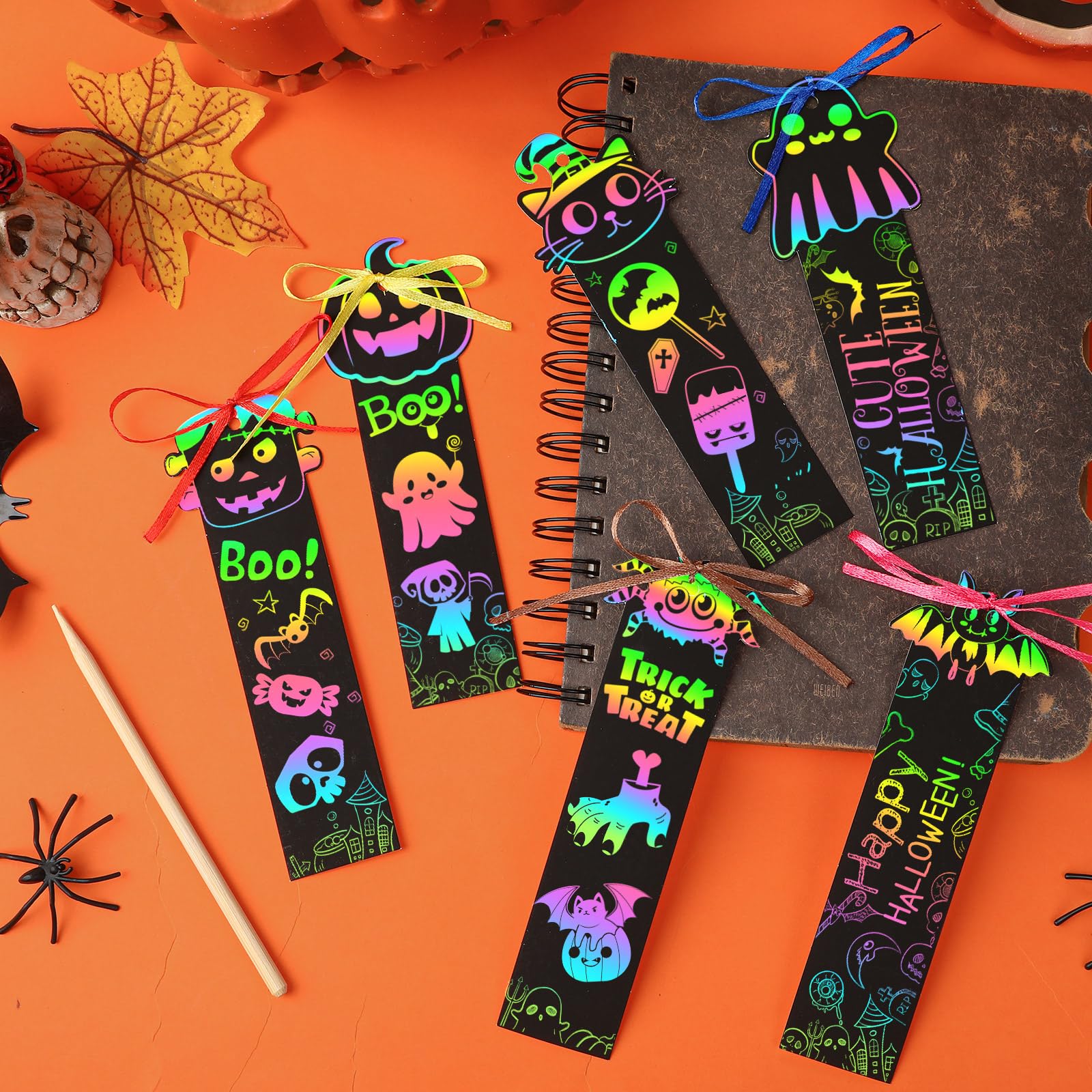 JUNEBRUSHS 30Pcs Halloween Scratch Bookmarks, Rainbow Magic Scratch Paper Art Pumpkin Bat Spider DIY Crafts Kit for Halloween Gifts - Image 4