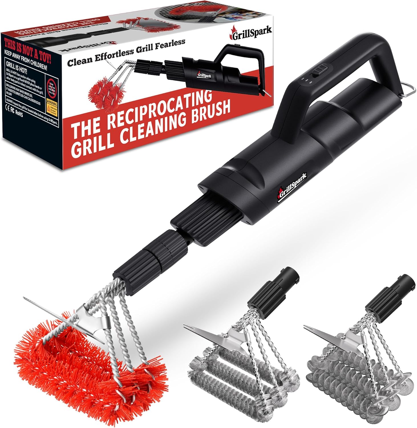 Electric Grill Brush – Long Handle, Innovative Reciprocating Motor Grill Cleaner (600/720 Strokes/min), Powerful Cleaning, 3 Interchangeable Brush Heads, Ideal BBQ Gift for Dads & Grill Lovers