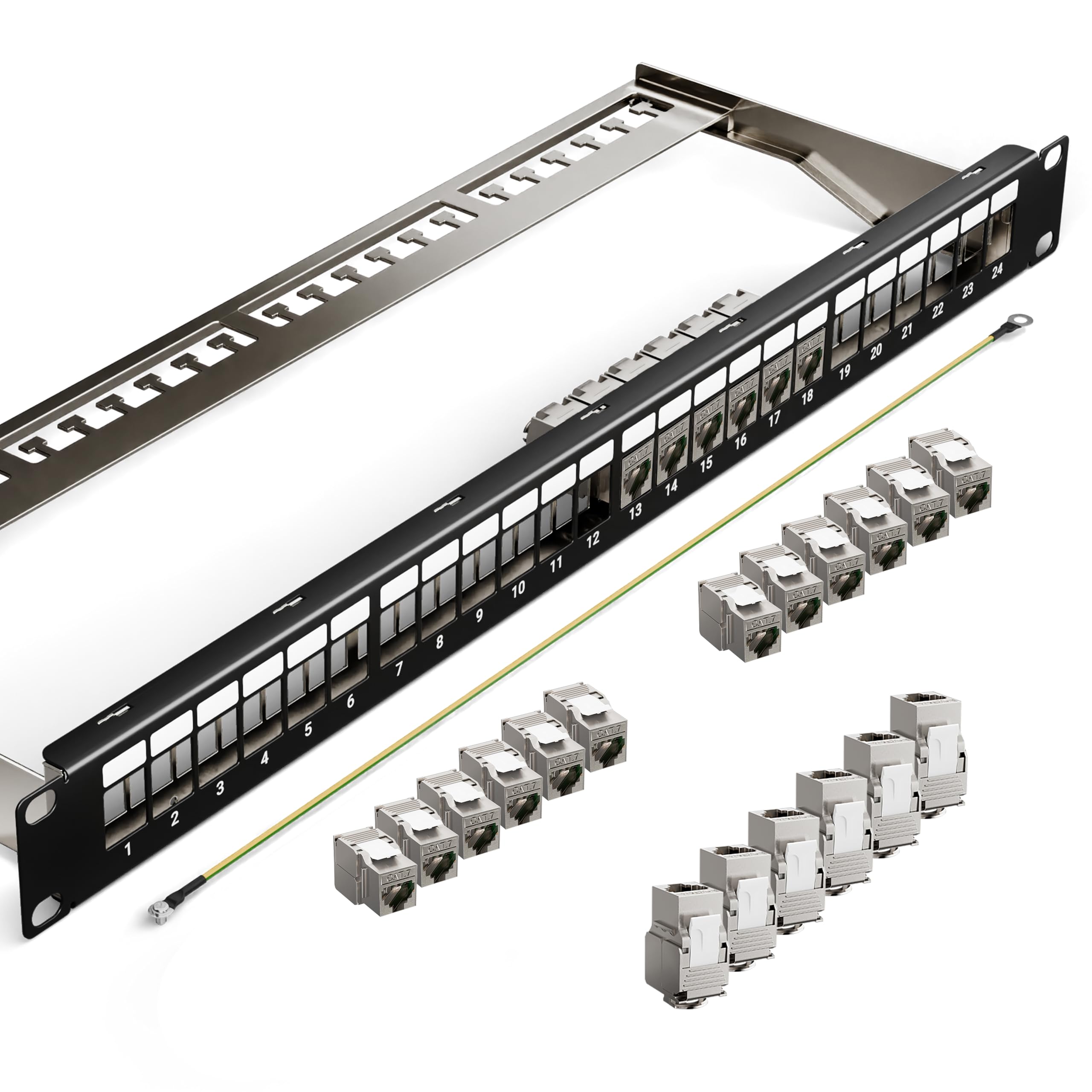 24 Port CAT7 Patchpanel mit 24 x Vergoldet Cat7 Keystone Module,10 Gbit/s 600MHz, Geschirmtes Keystone Patchpanel, 19 Zoll patchpanel mit EMI/RFI-Schutz und Kabelmanagement-Kit