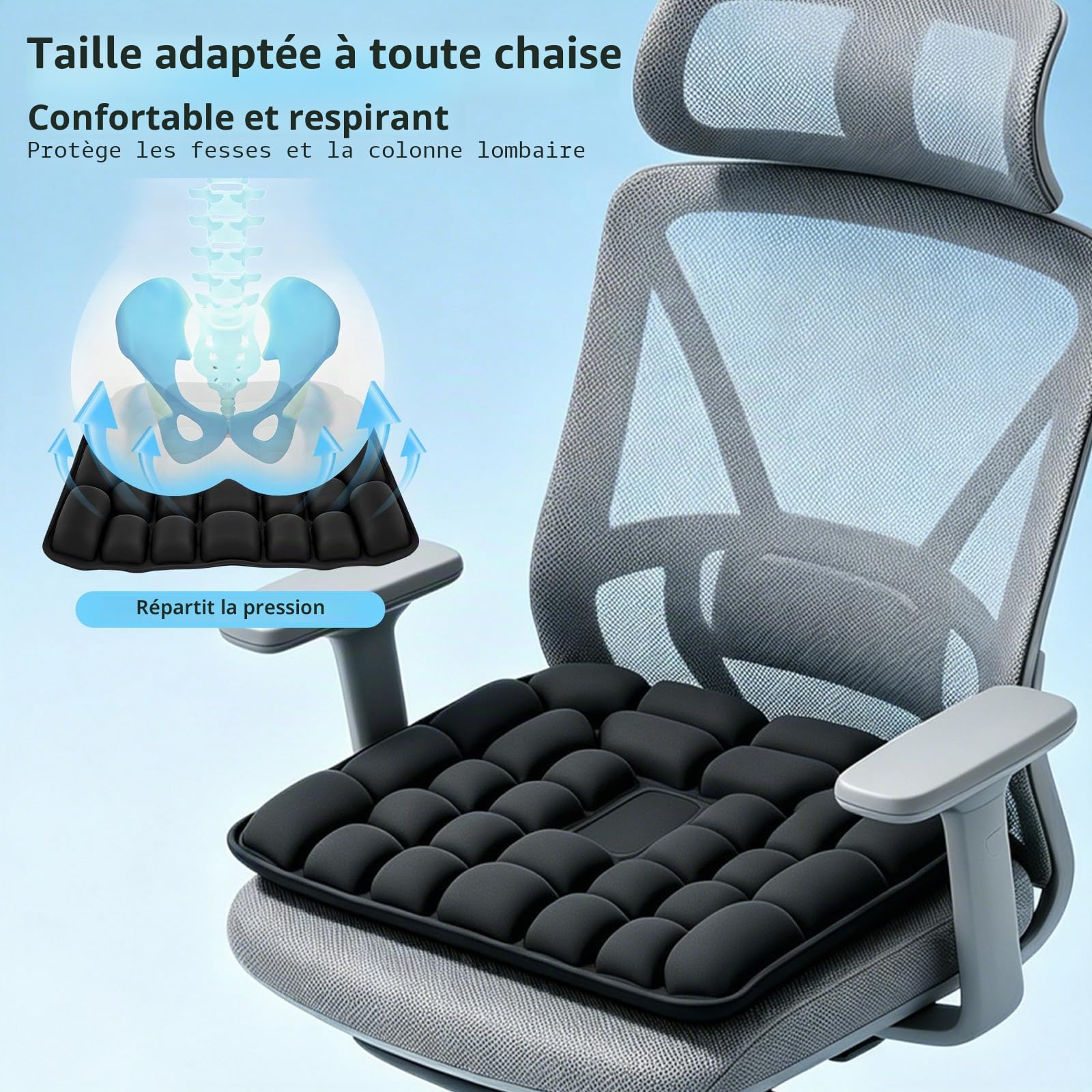 3D Coussin Antiescarres Gonflable – Coussin Coccyx Ergonomique pour Soulager Douleurs Dorsales & Hémorroïdes – Siège Auto Gonflable pour Bureau, Fauteuil Roulant, Voyage – Noir (45x40cm)