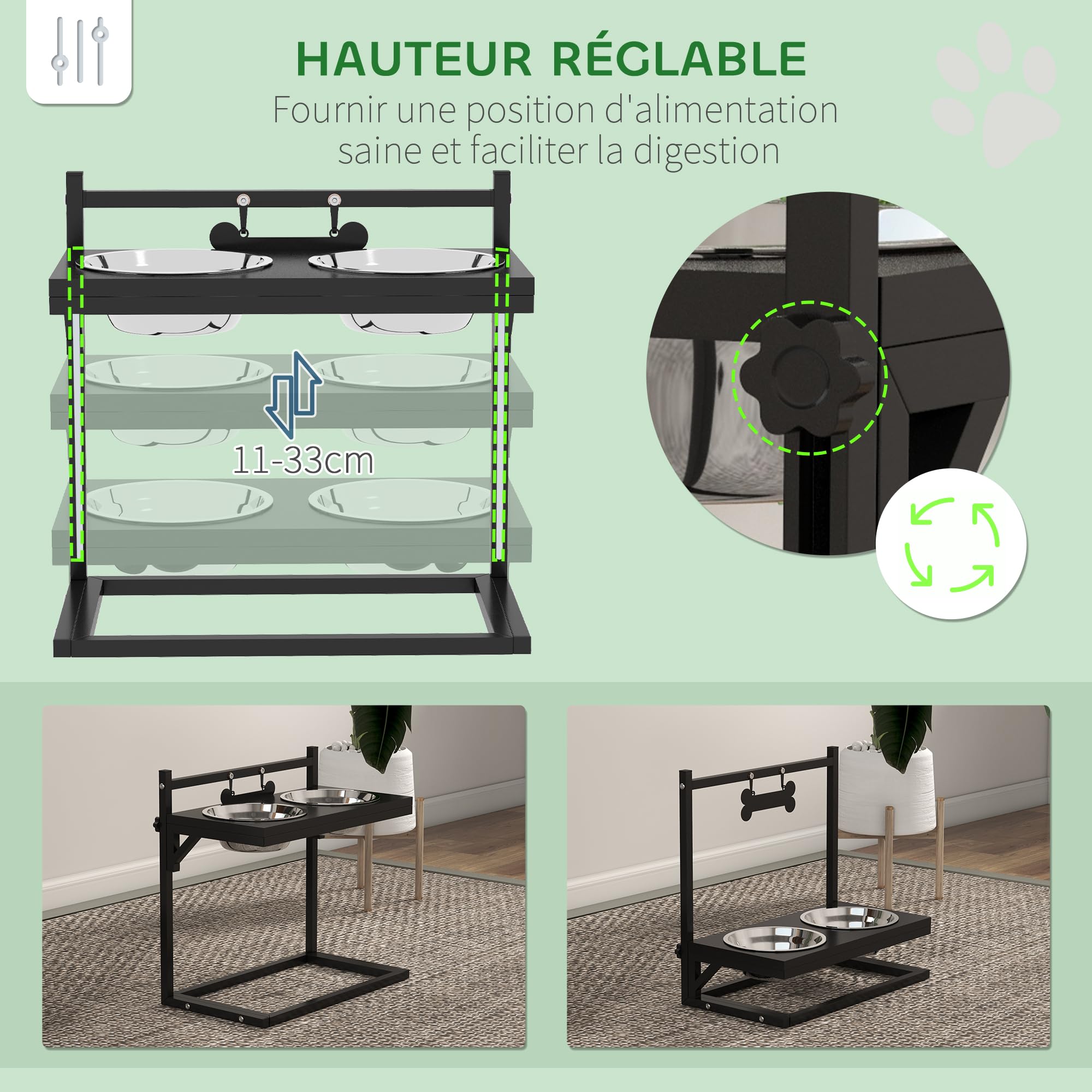 PawHut Gamelles Surrélevées Chien Porte-Gamelle Ajustable 11 à 33 cm Noir | 2 Bols Amovibles en Acier Inoxydable, Plaque Motif Os