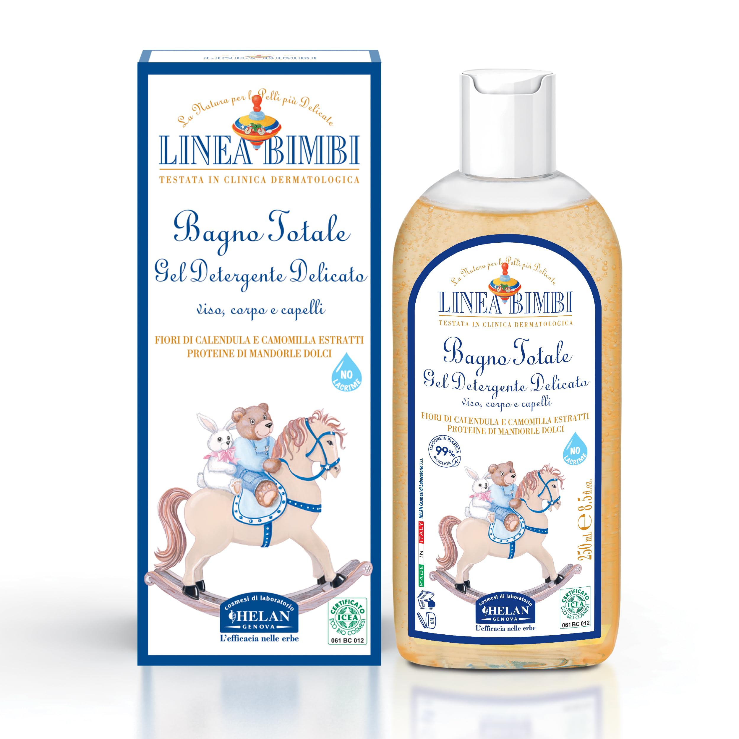 Helan, Linea Bimbi BIO, Baby Shampoo and Body Wash, Baby Wash Gel with Marigold & Chamomile Flower Extracts, Kids Shampoo & Gentle Cleanser with Sweet Almond Protein for Baby Bath, Made in Italy 250ml